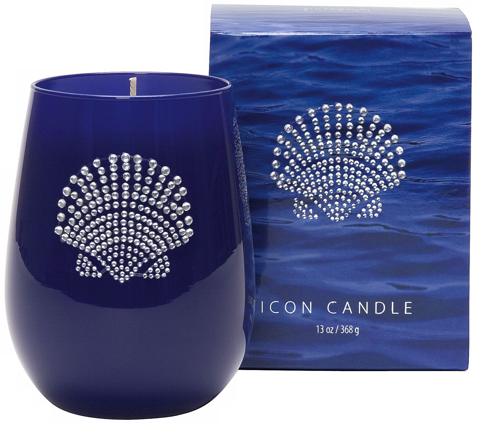 Silver Seashell Icon Candle in Blue Glass