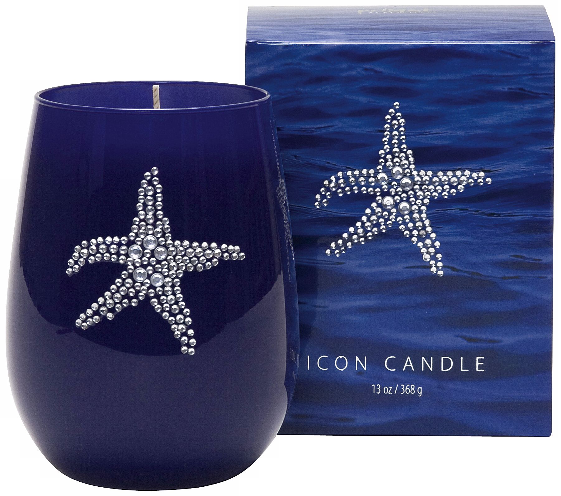 Silver Starfish Icon Candle in Blue Glass