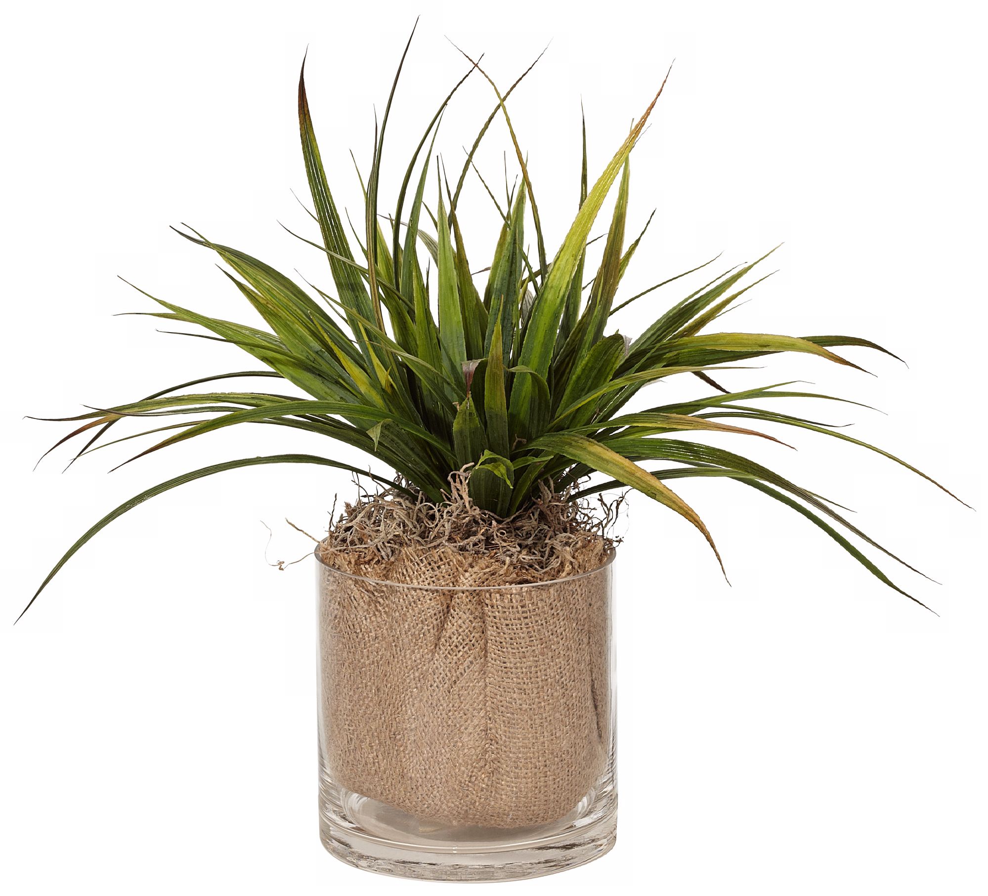 Wood and Burlap Faux Grass in Glass Pot