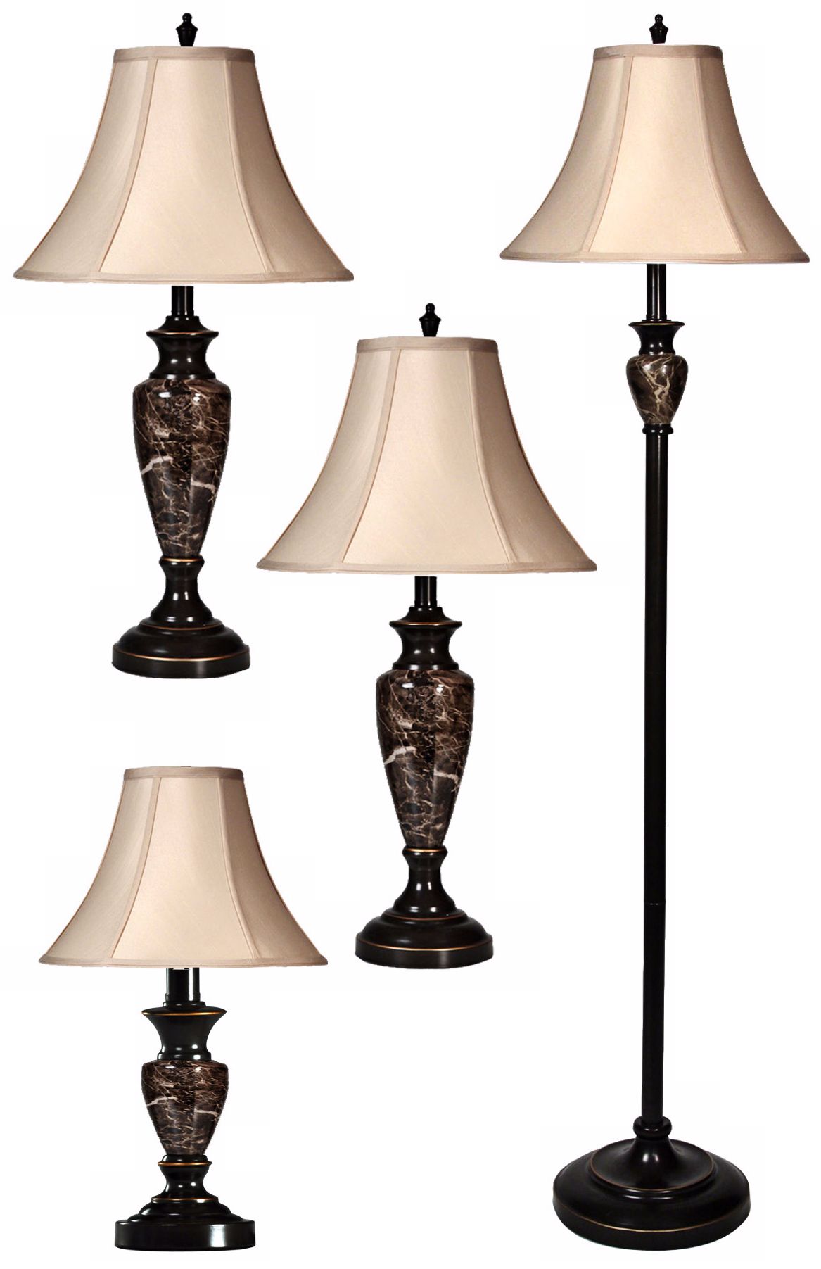 Set of 4 Aged Bronze and Marble Table and Floor Lamps