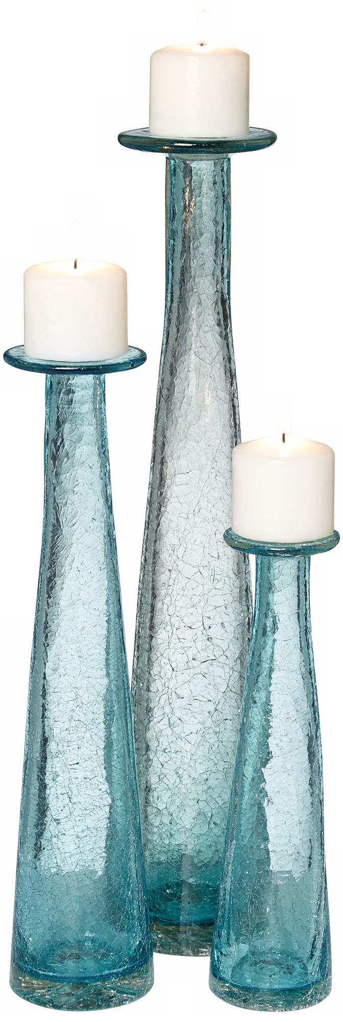 Set of 3 Sky Blue Crackled Glass Candle Holders