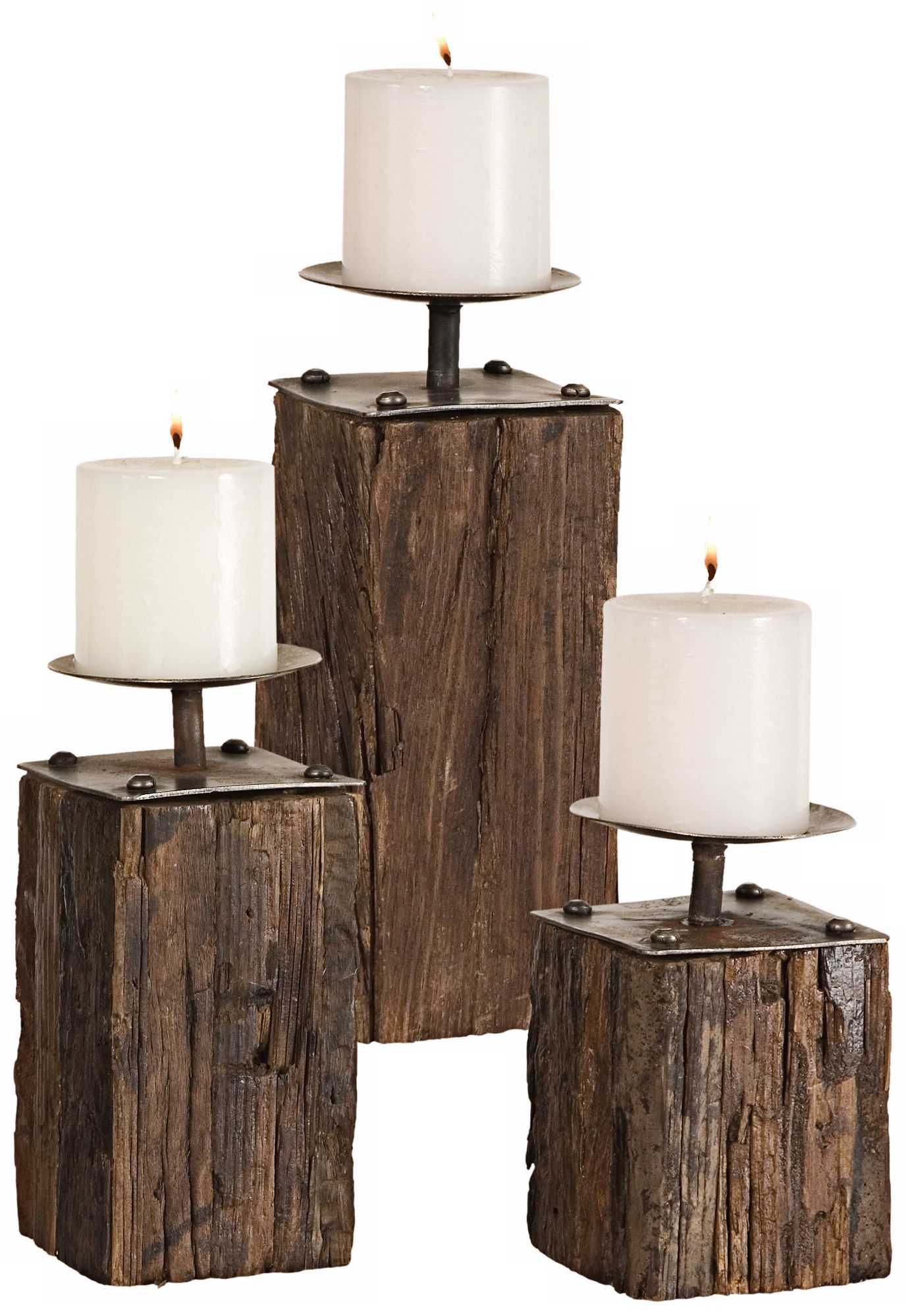 Set of 3 Uttermost Kelton Recycled Wood Candle Holders