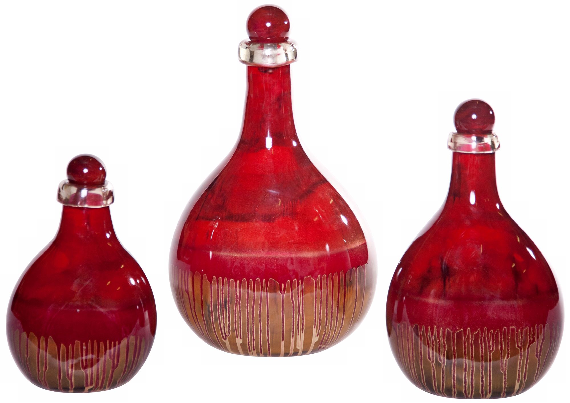 Set of 3 Scarlet Drip Glass Bottles with Tops