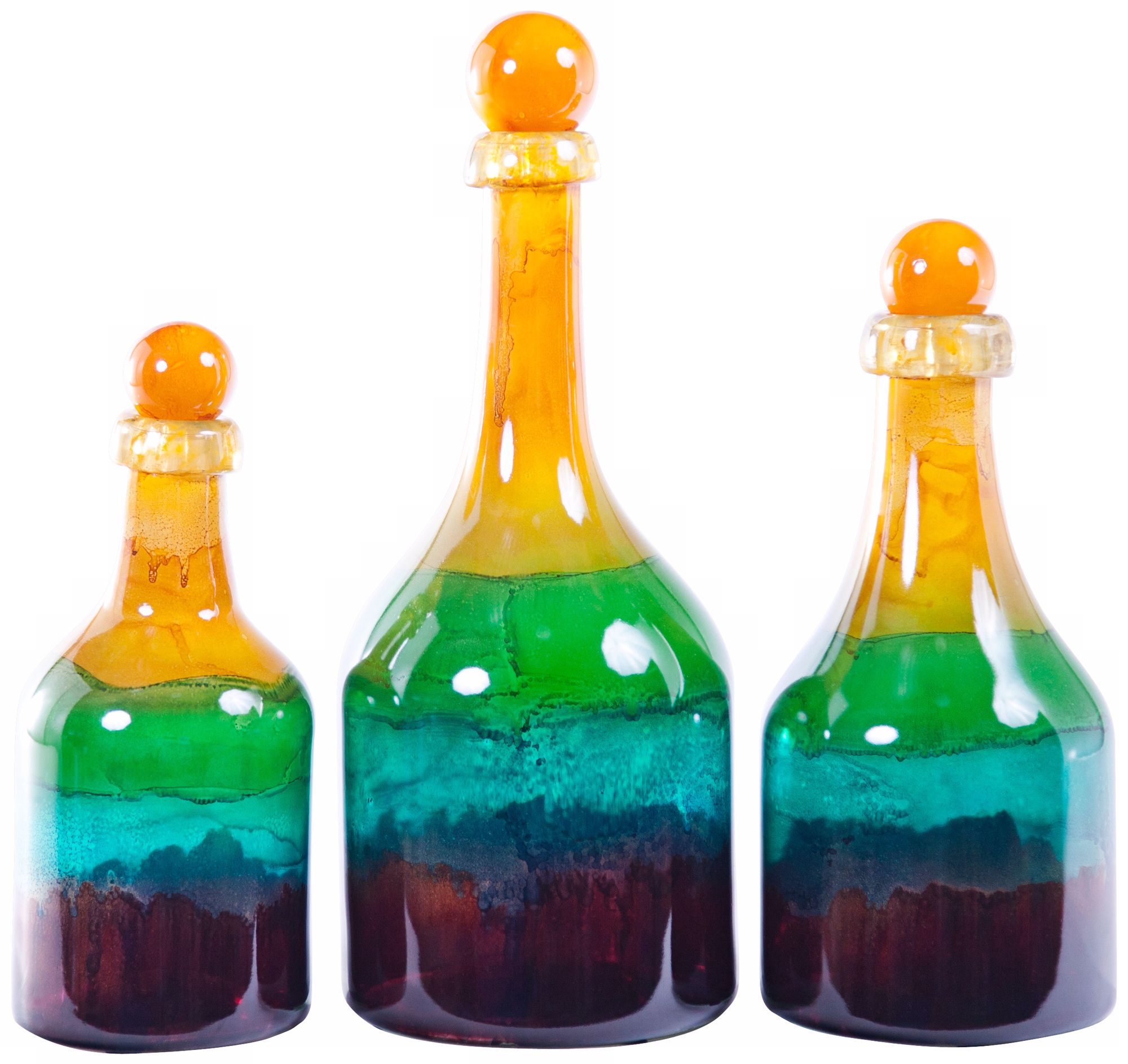 Set of 3 Cornflower Hand-Blown Glass Bottles with Tops