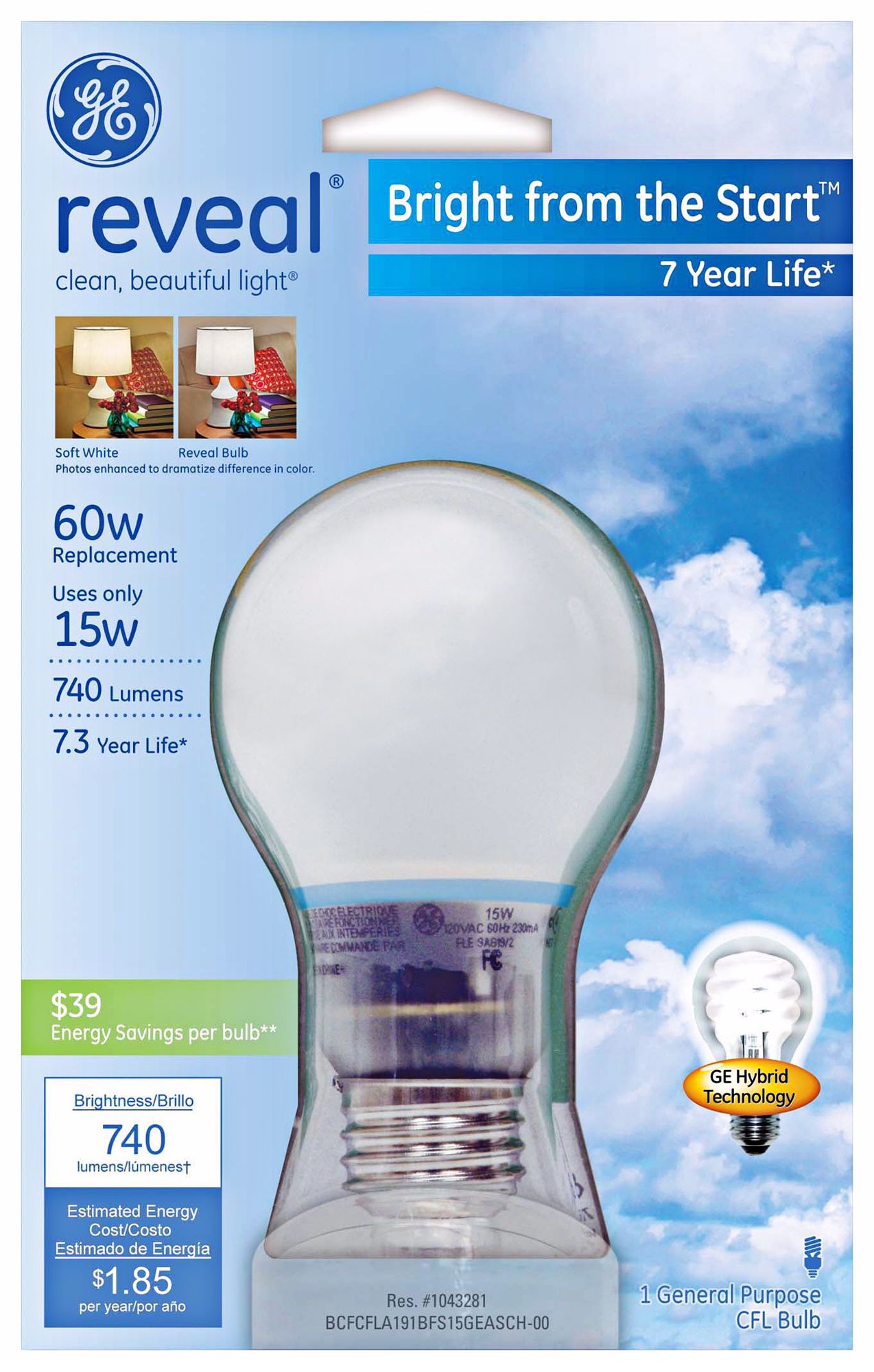 15 watt CFL w/Halogen A19 Reveal bulb
