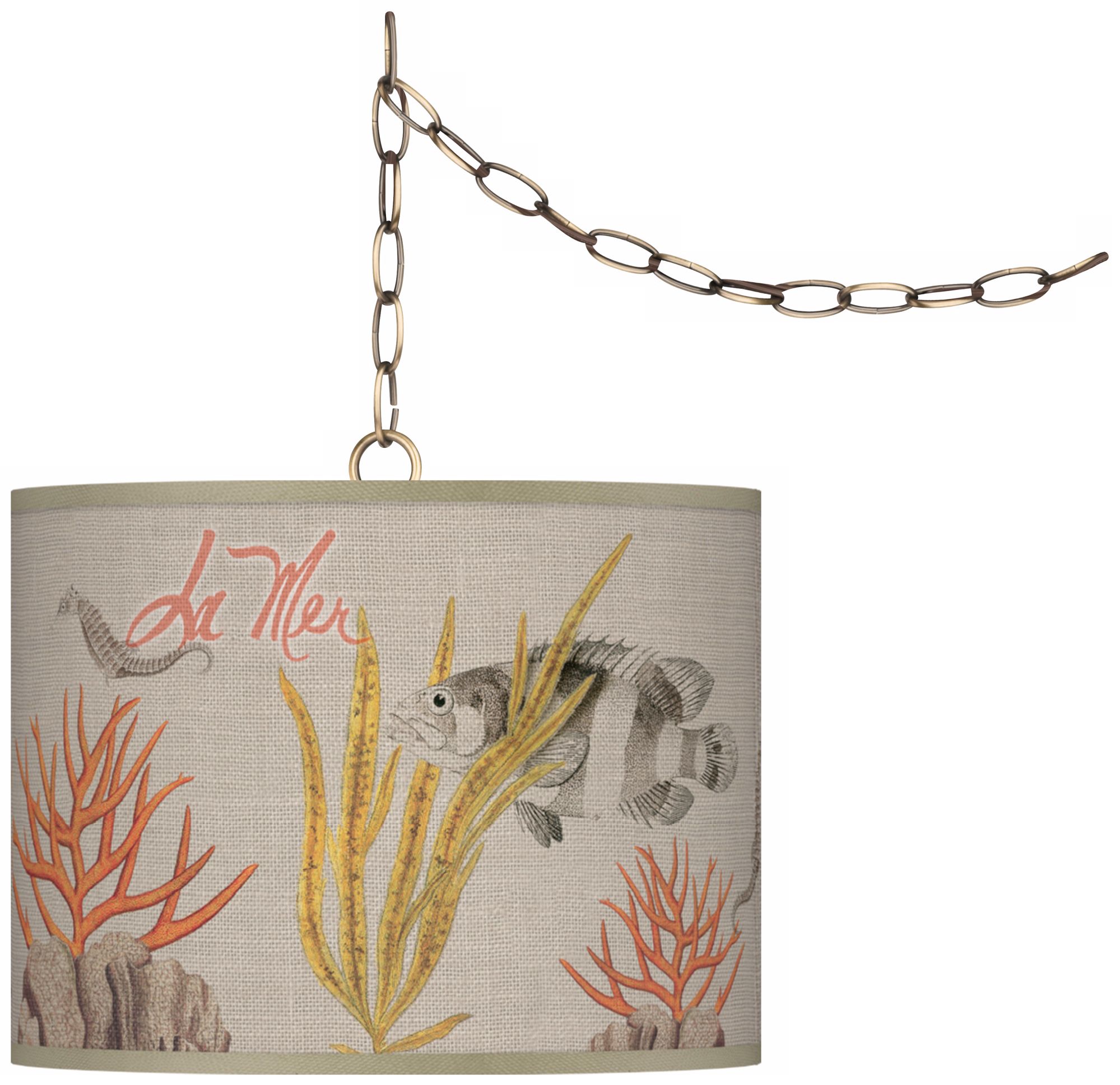 La Mer Coral Giclee Glow 13 1/2" Brass Swag Pendant