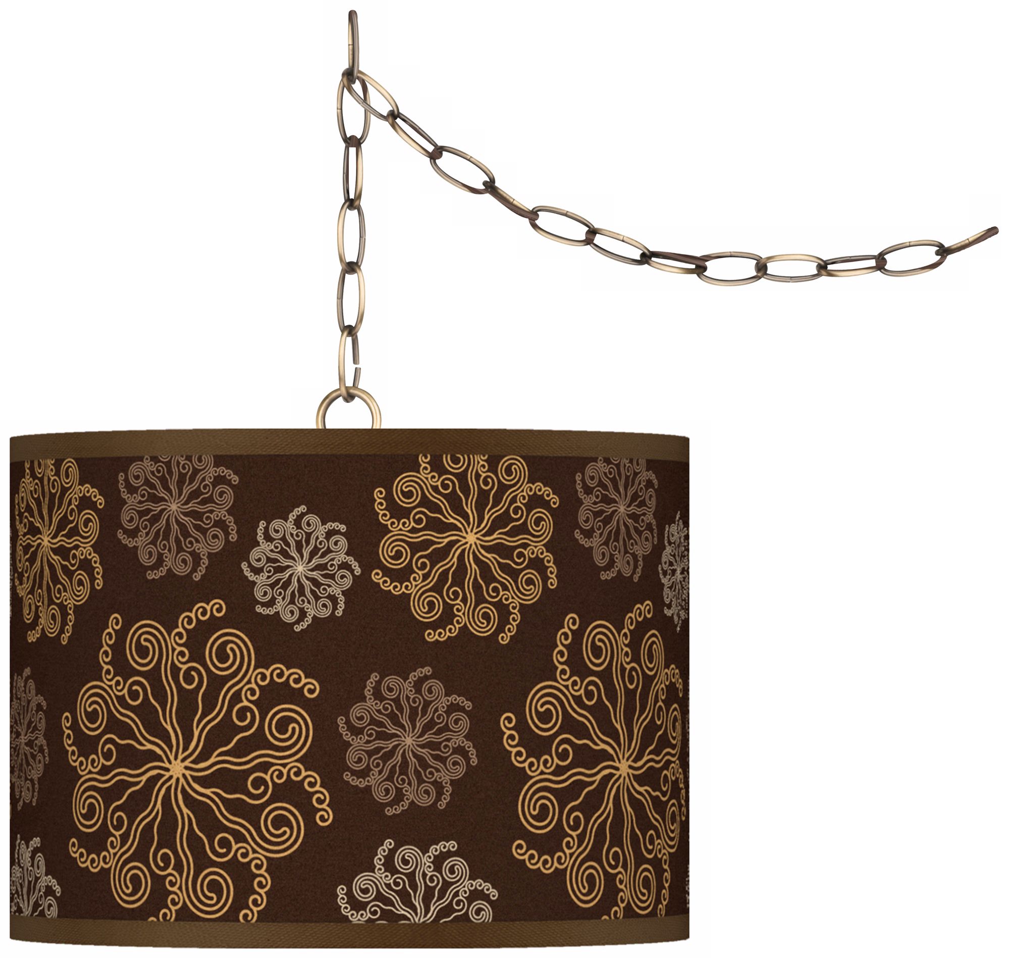 Chocolate Blossom Giclee Glow 13 1/2" Brass Swag Pendant