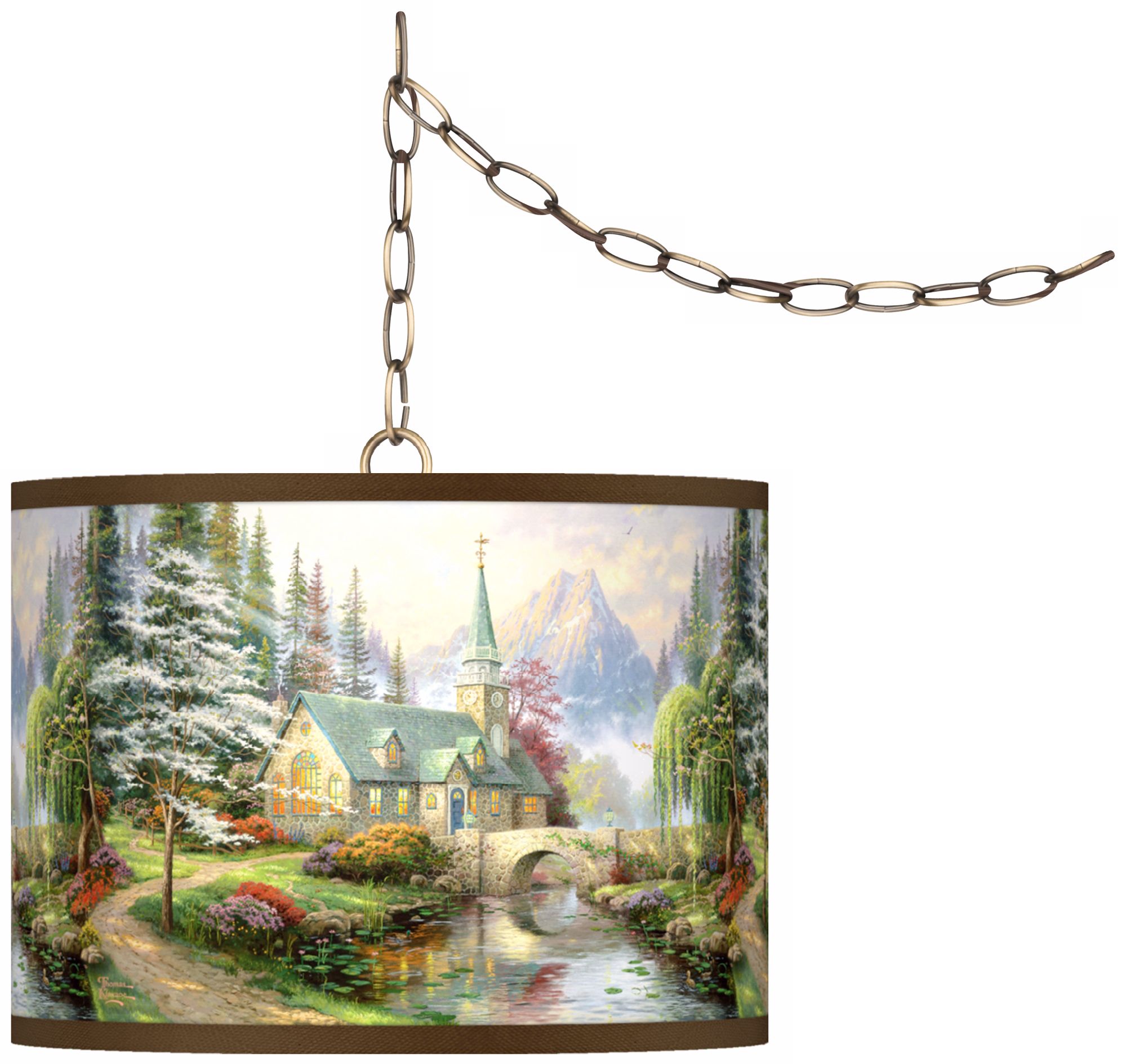 Thomas Kinkade Dogwood Chapel 13 1/2" Brass Swag Lamp