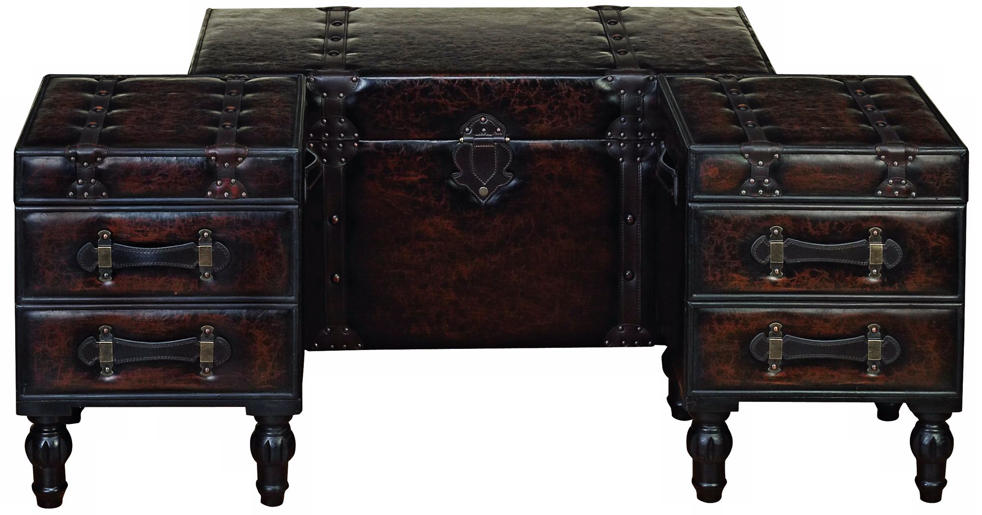 Set of 3 Belt Buckle Wood and Leather Trunks