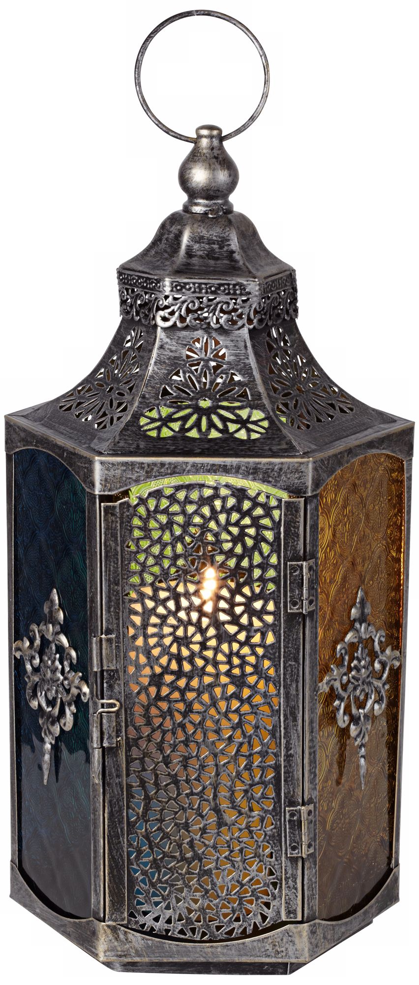 Multicolored Glass 15 3/4" High Antique Silver Lantern