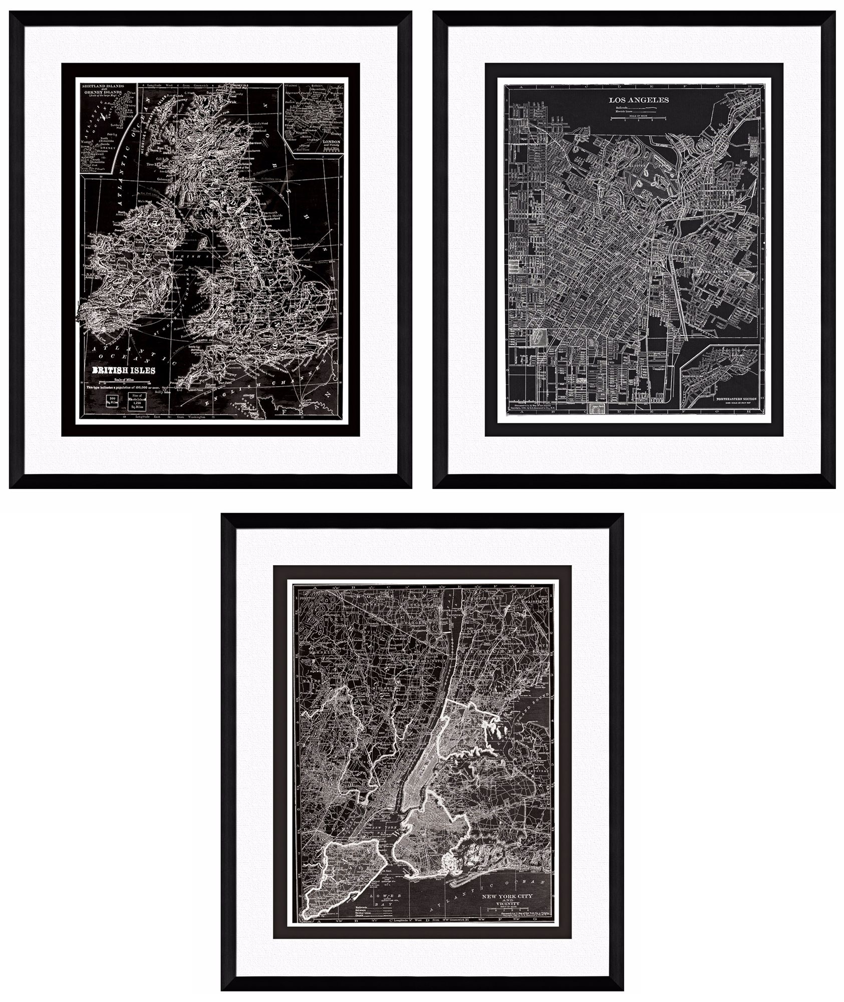 Set of Three Reversed Maps 25 1/2" High Framed Wall Art