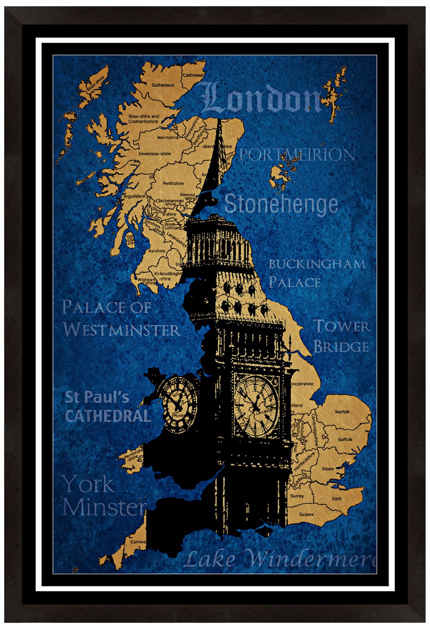 London England Map 19" High Framed Wall Art