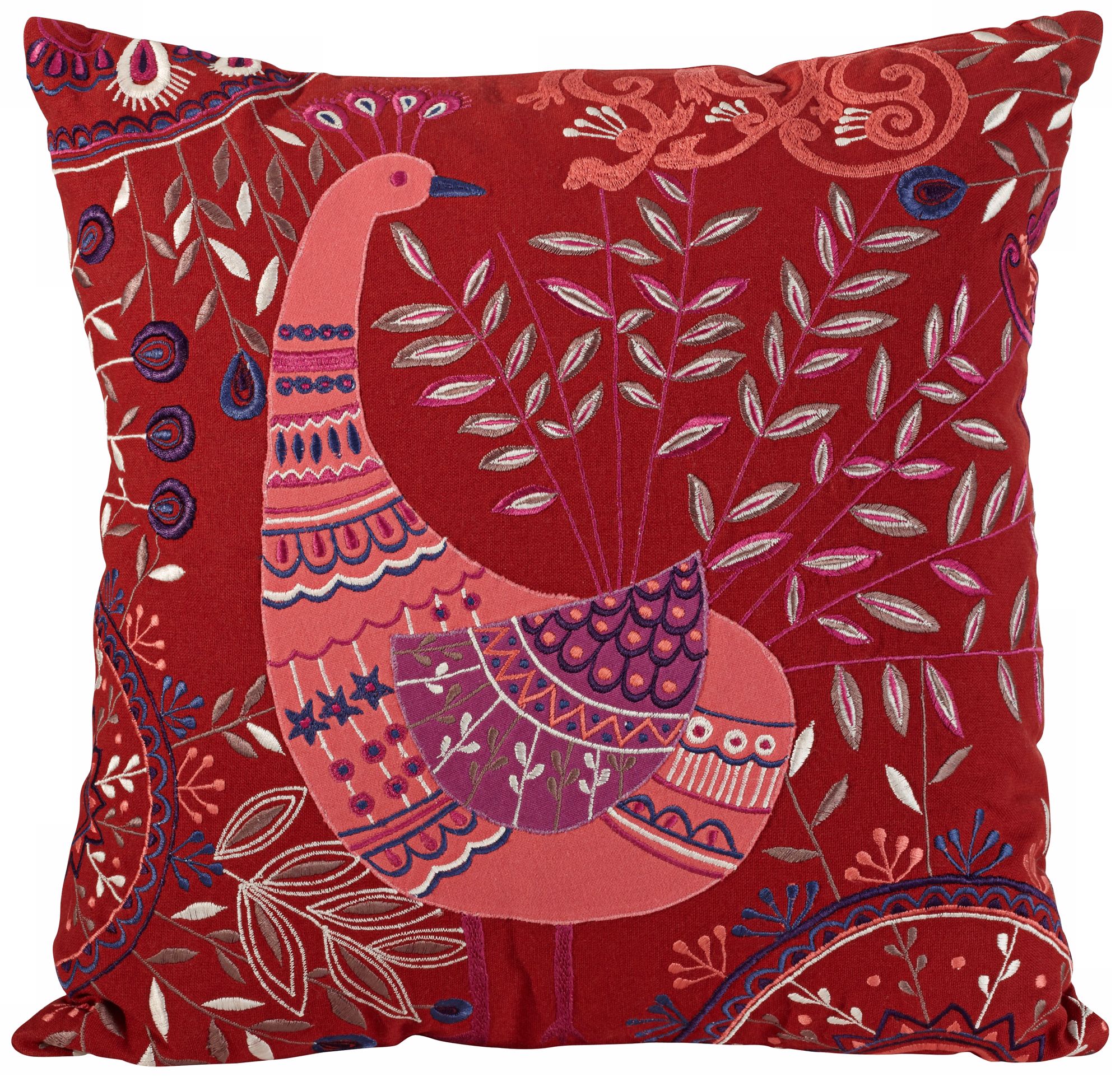 Boho Peacock Red 16" Square Down Throw Pillow