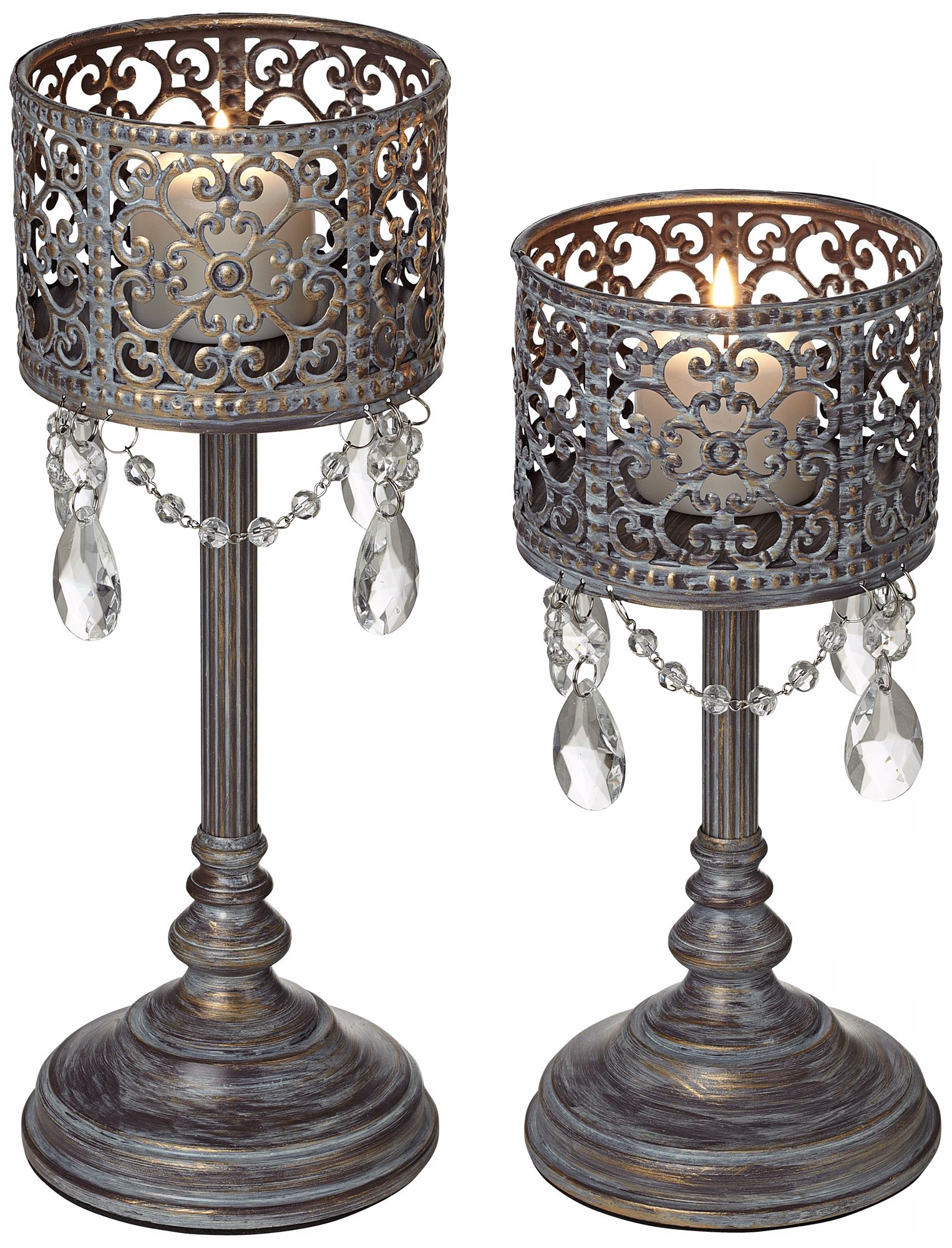 Set of 2 Gray and Whitewash Candle Holders