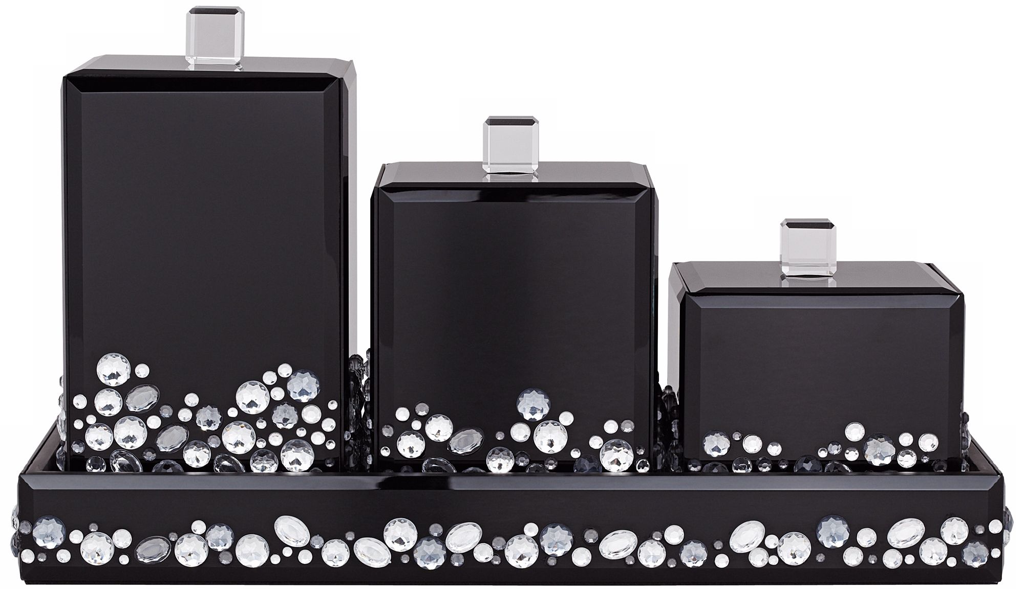 Jeweled Black Mirror Canister 4-Piece Bathroom Accessory Set