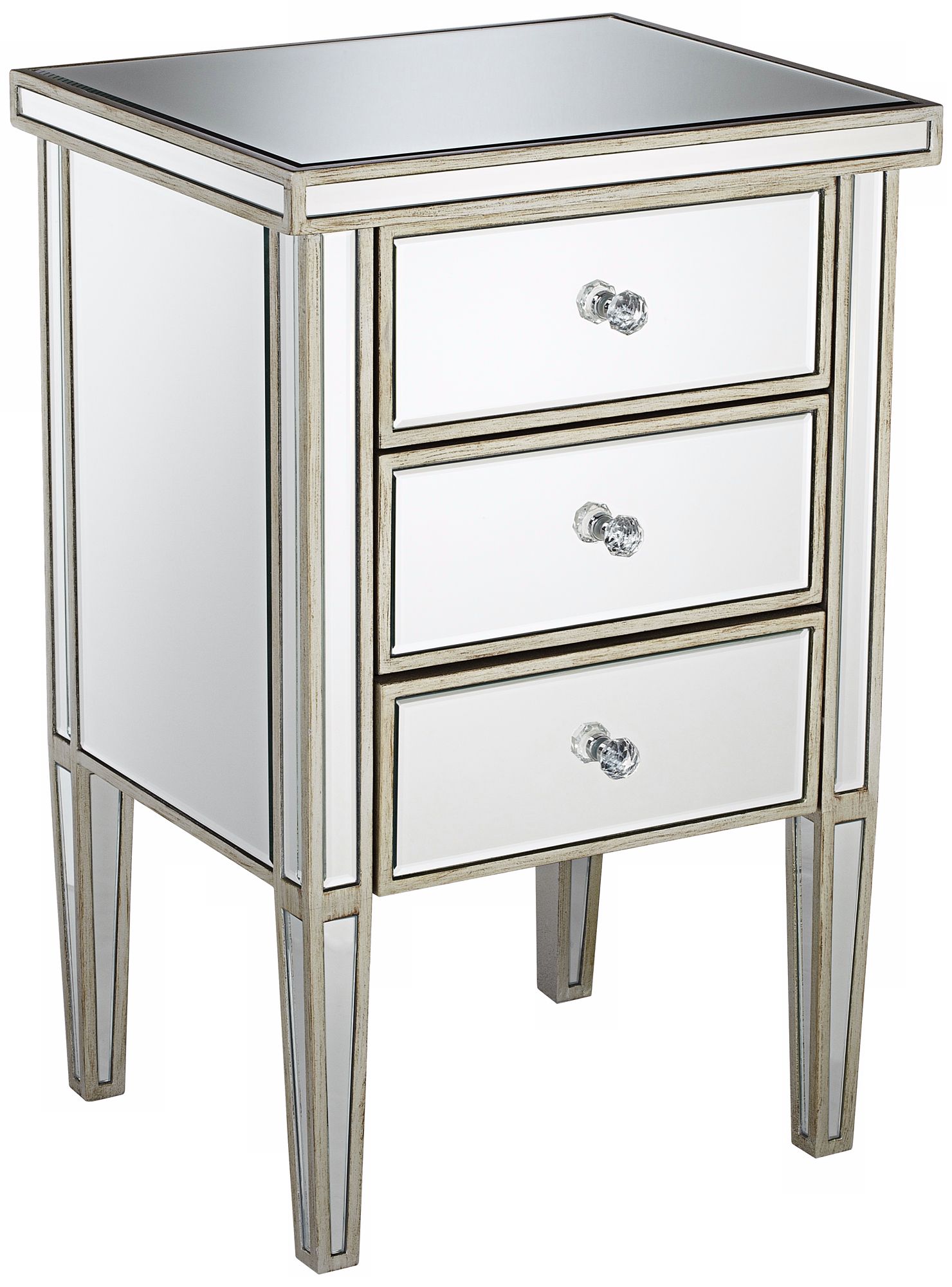 Antique Silver 3-Drawer Mirrored Nightstand
