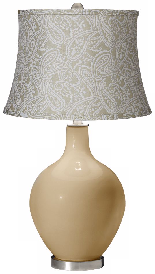 Colonial Tan White Paisley Brocade Shade Ovo Table Lamp