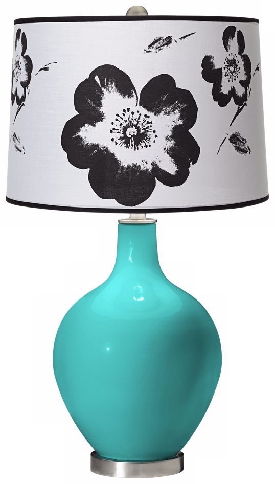 Turquoise Black and White Flower Shade Ovo Table Lamp