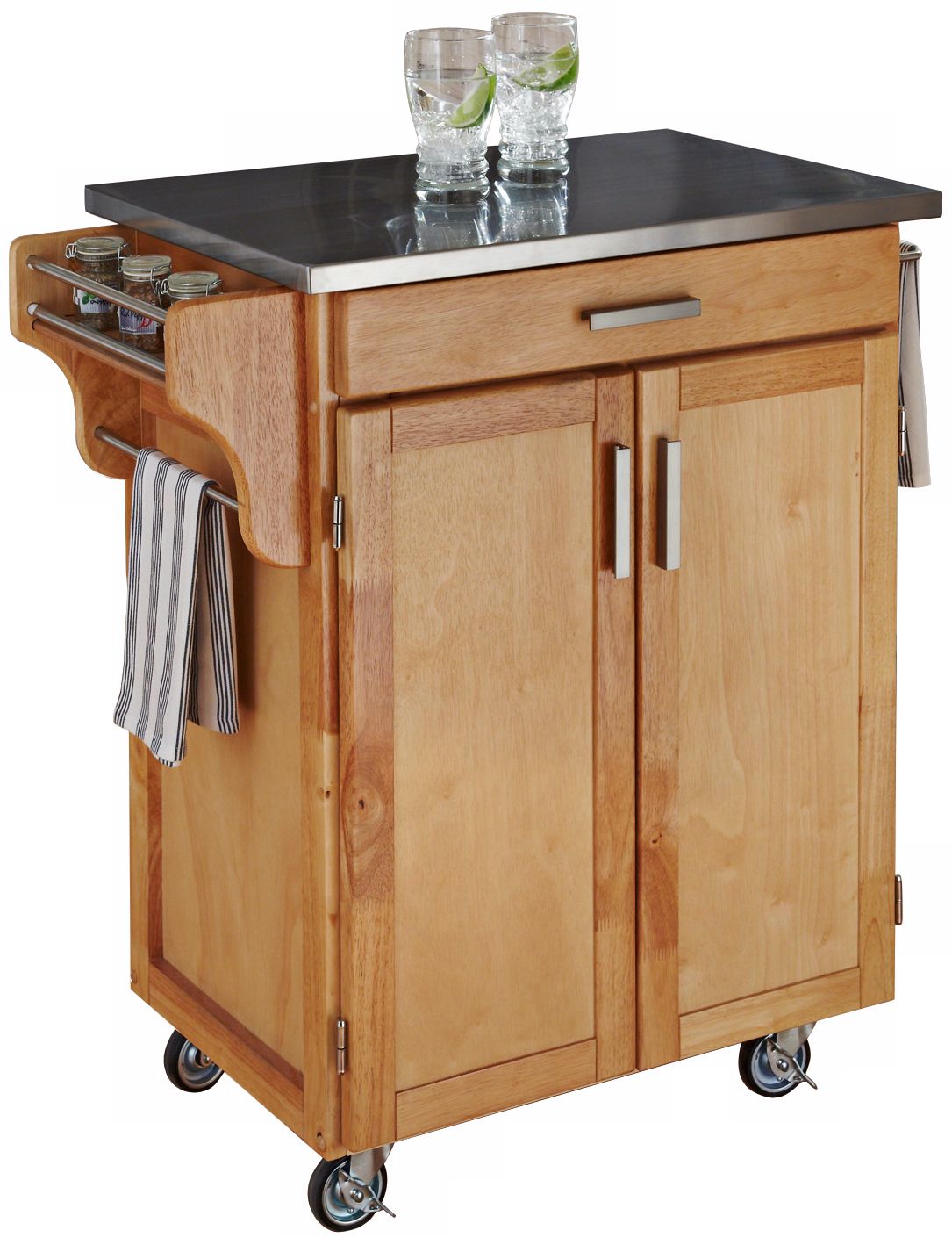 Natural Wood Kitchen Utility Cart with Stainless Top
