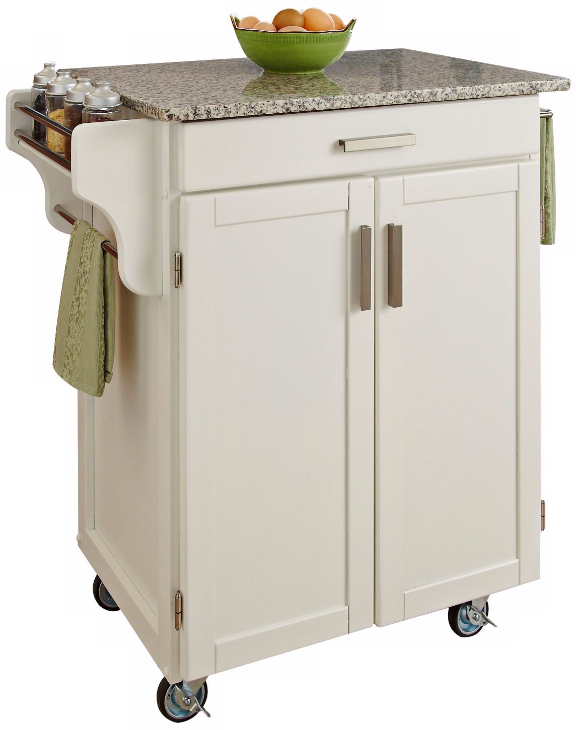 White Wood Kitchen Cart with Speckled Granite Top
