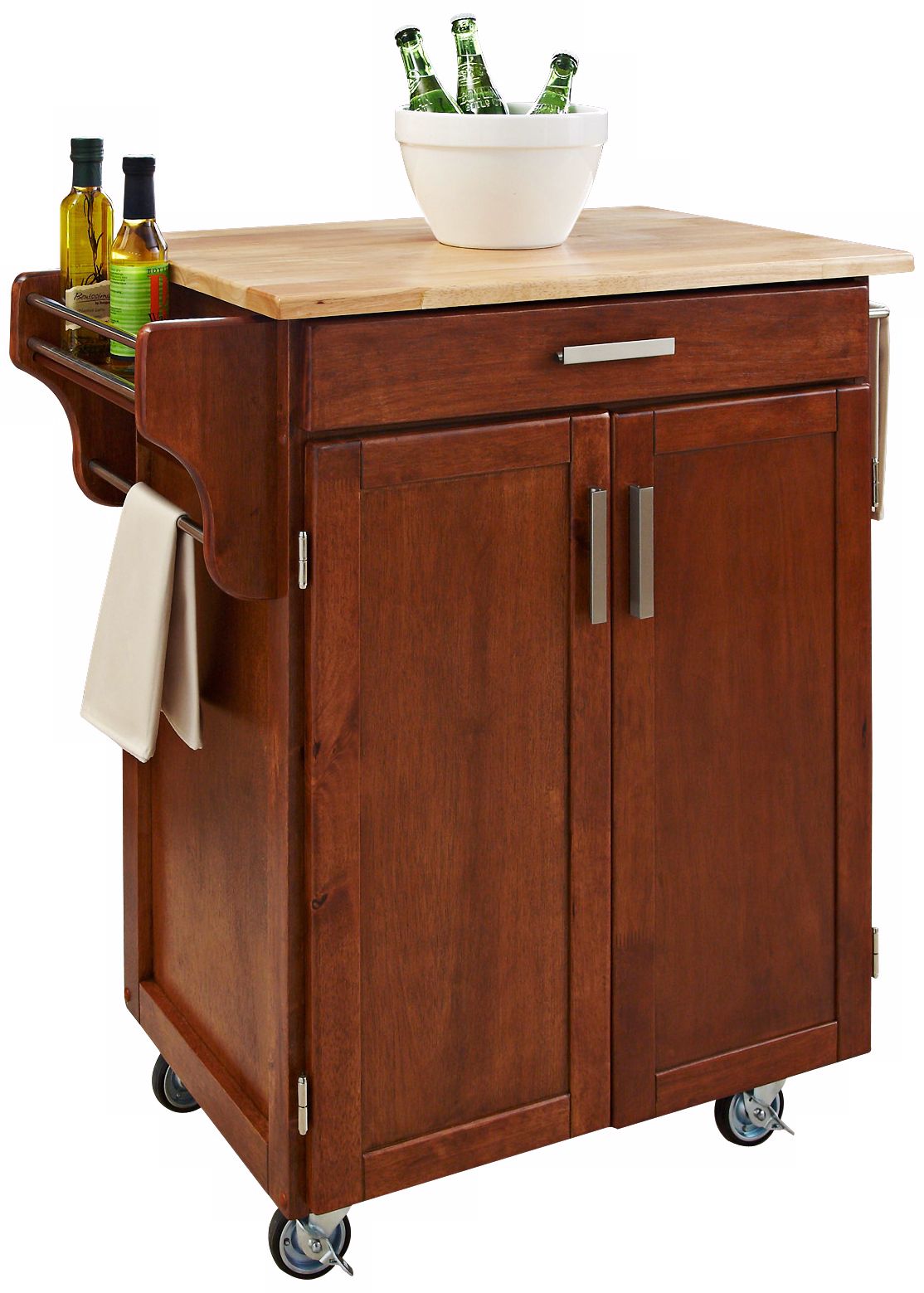 Warm Oak Kitchen Utility Cart with Natural Wood Top