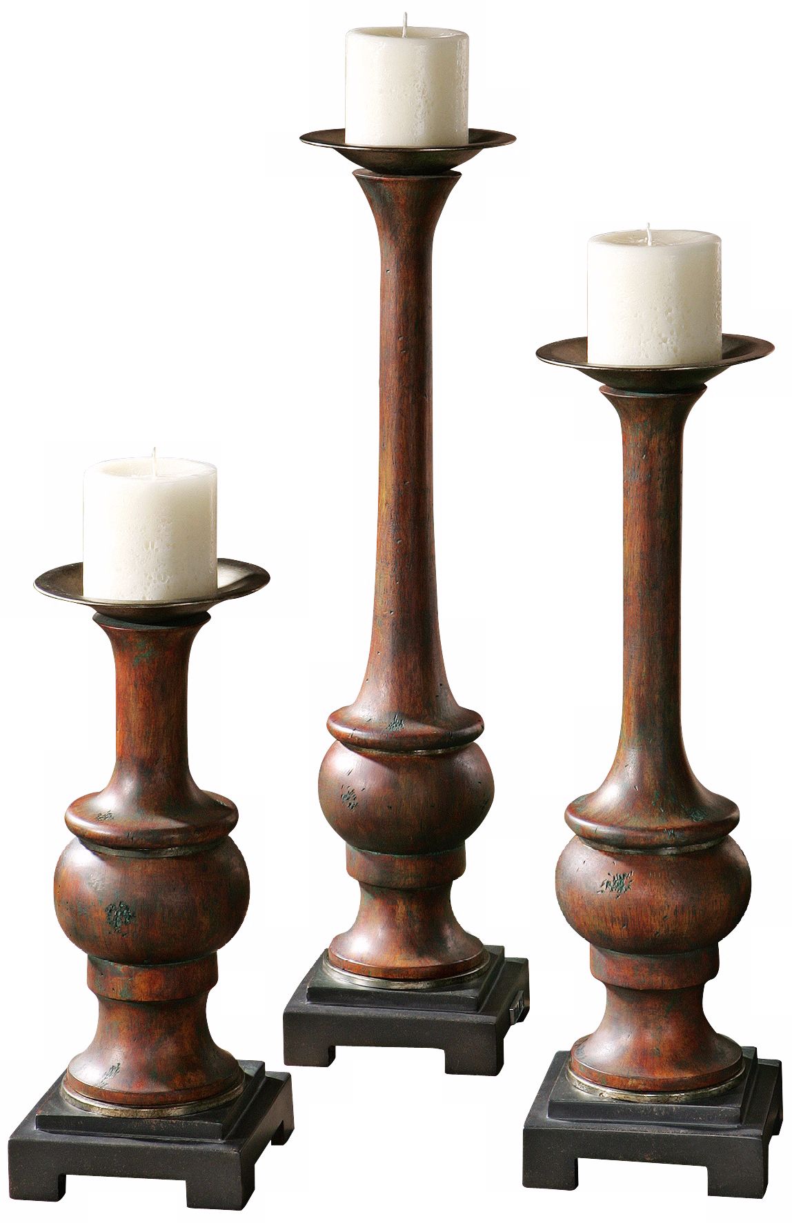 Uttermost Set of 3 Kezla Wood Candlesticks and Candles