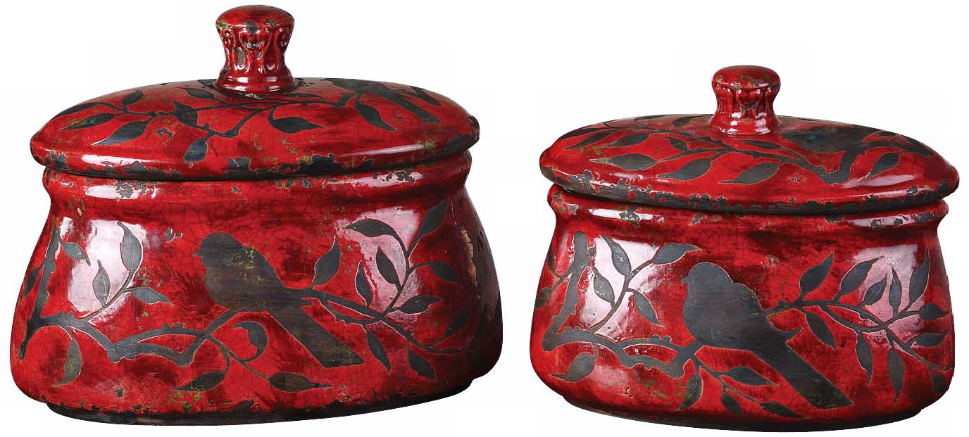 Set of 2 Uttermost Siana Bird Red Ceramic Containers