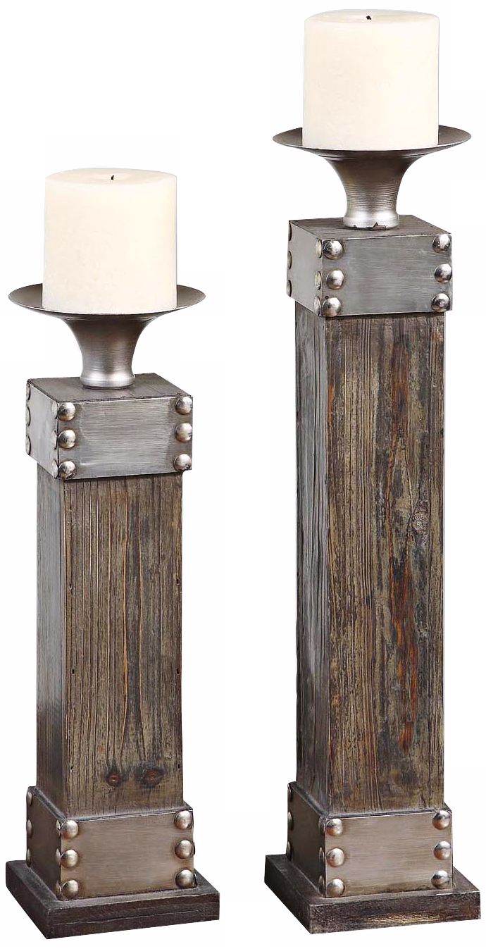 Set of 2 Uttermost Lican Wood and Metal Candle Holders