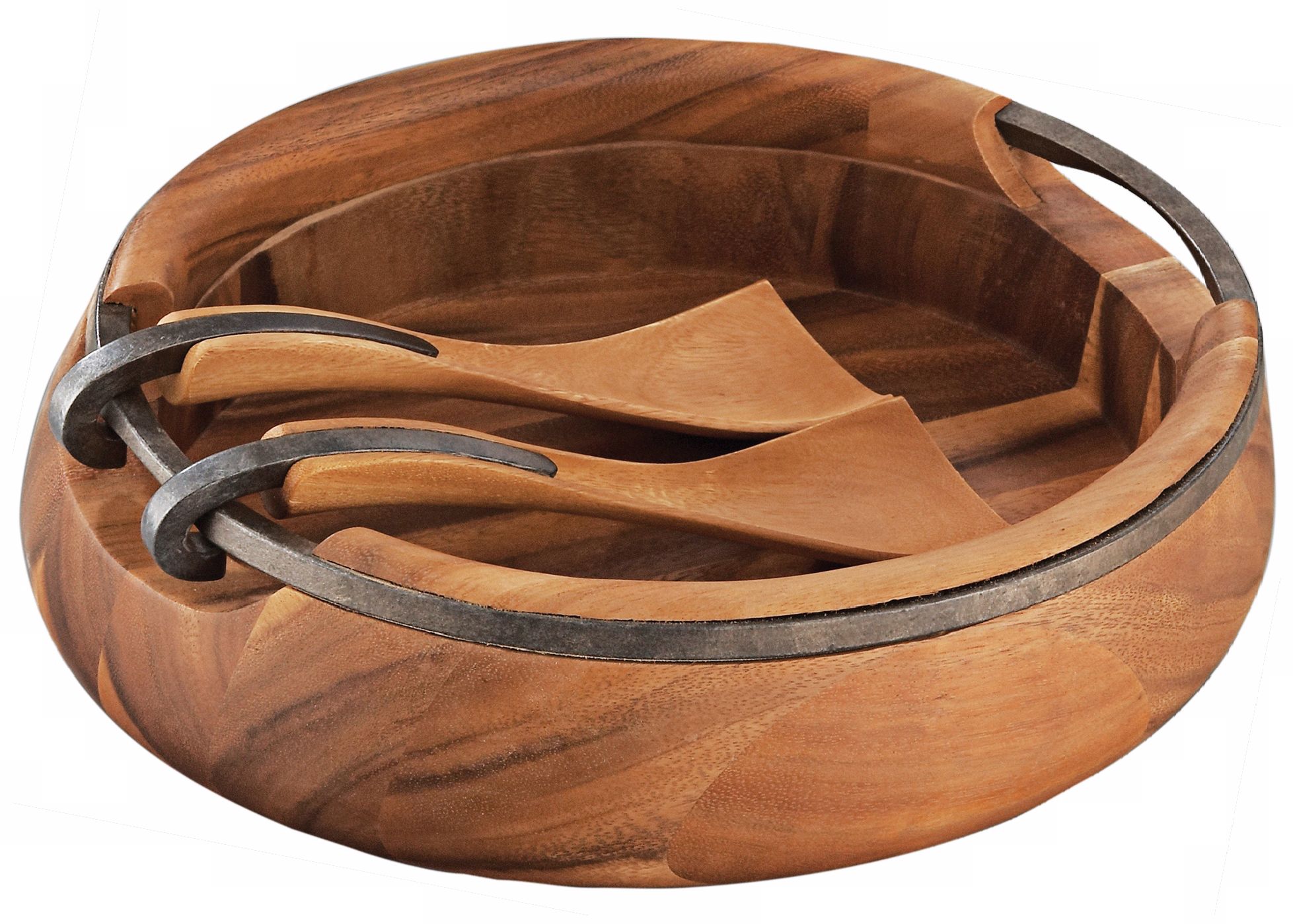 Nambe Anvil Acacia Wood Salad Bowl with Servers
