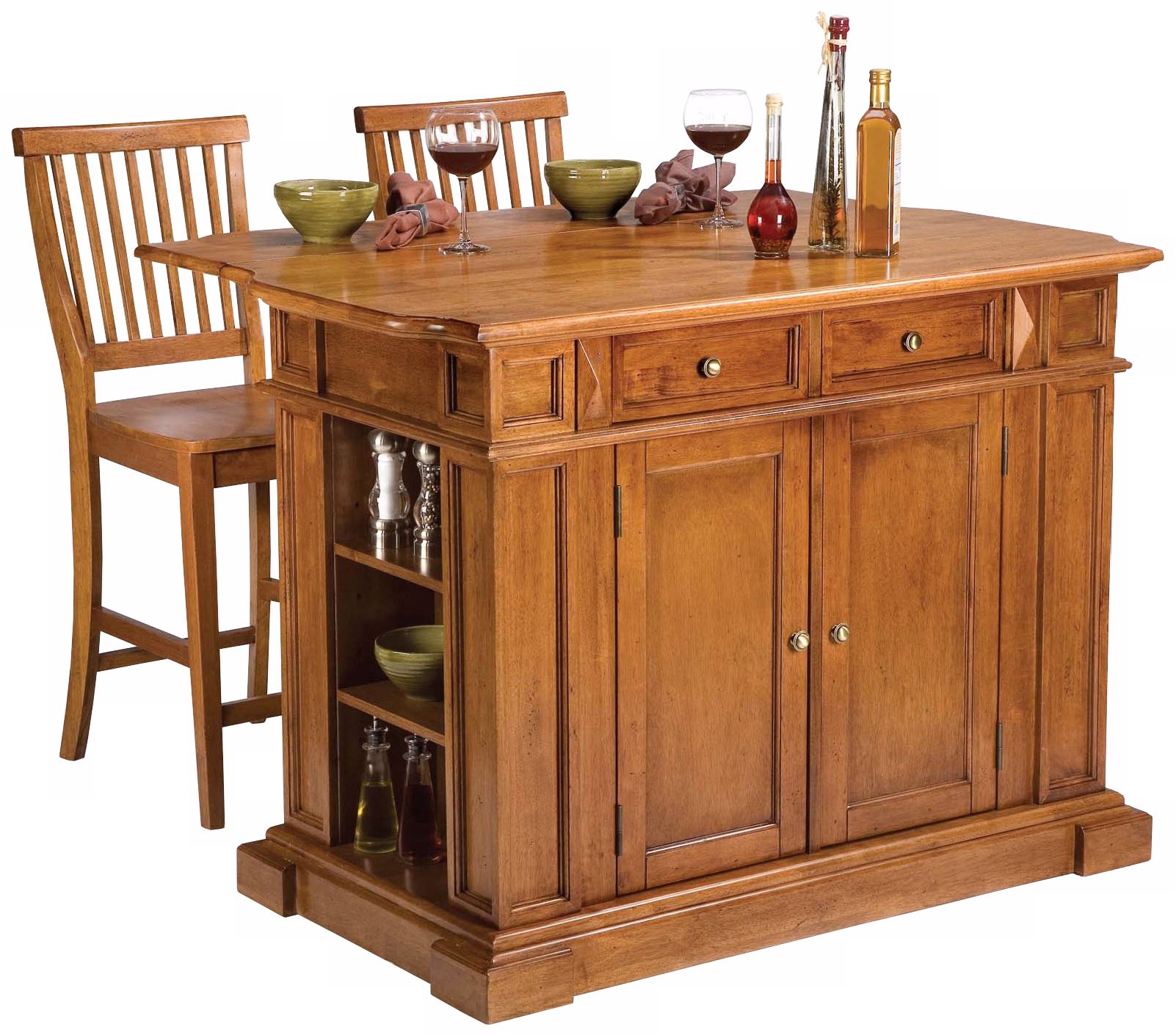 Distressed Cottage Oak Kitchen Island Set with Two Stools