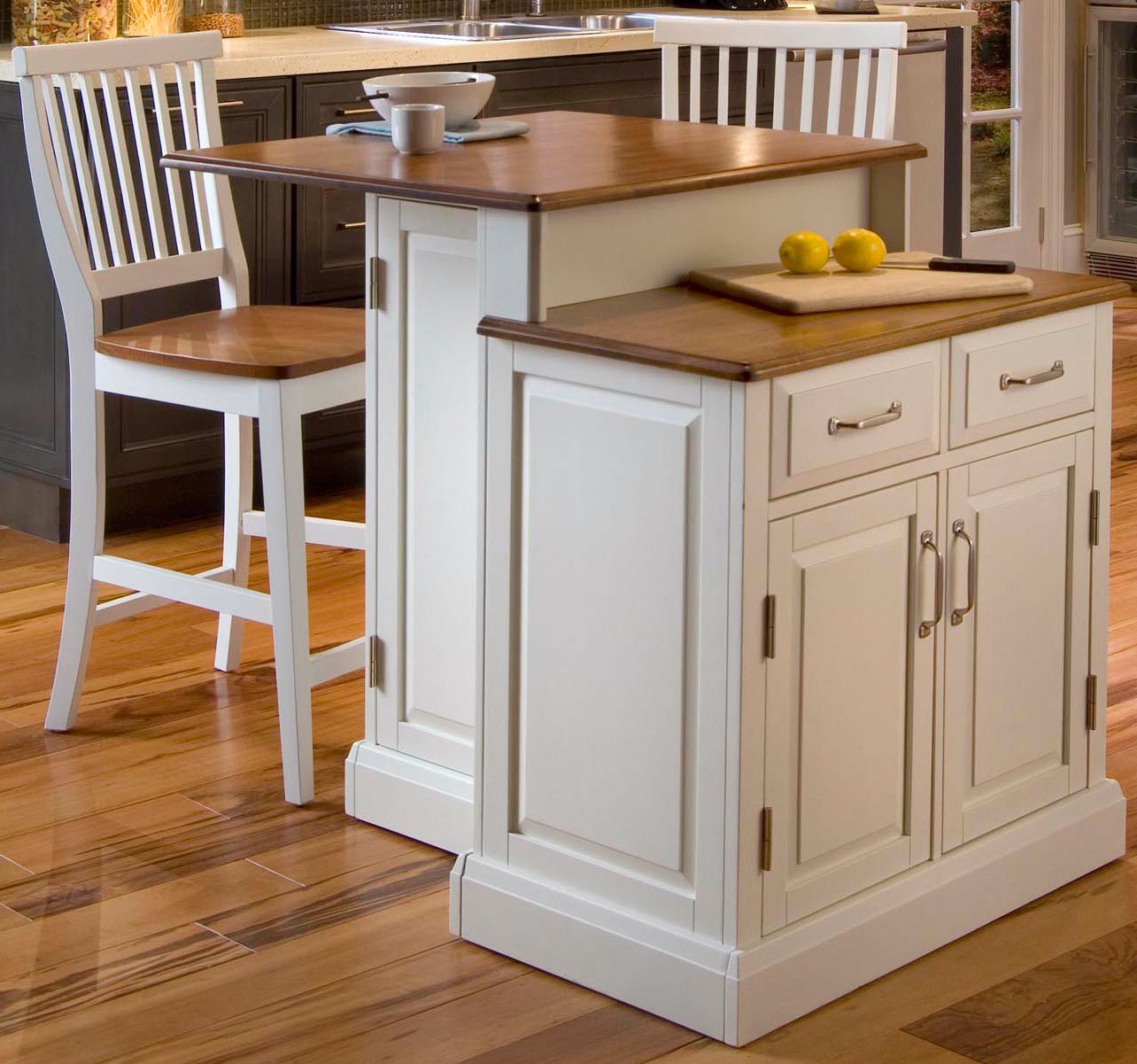 Woodbridge White Two-Tier Kitchen Island with Stools