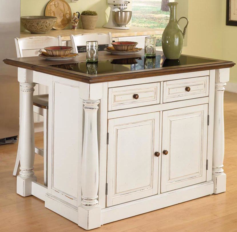 Monarch Granite Inset White Kitchen Island and Two Stools