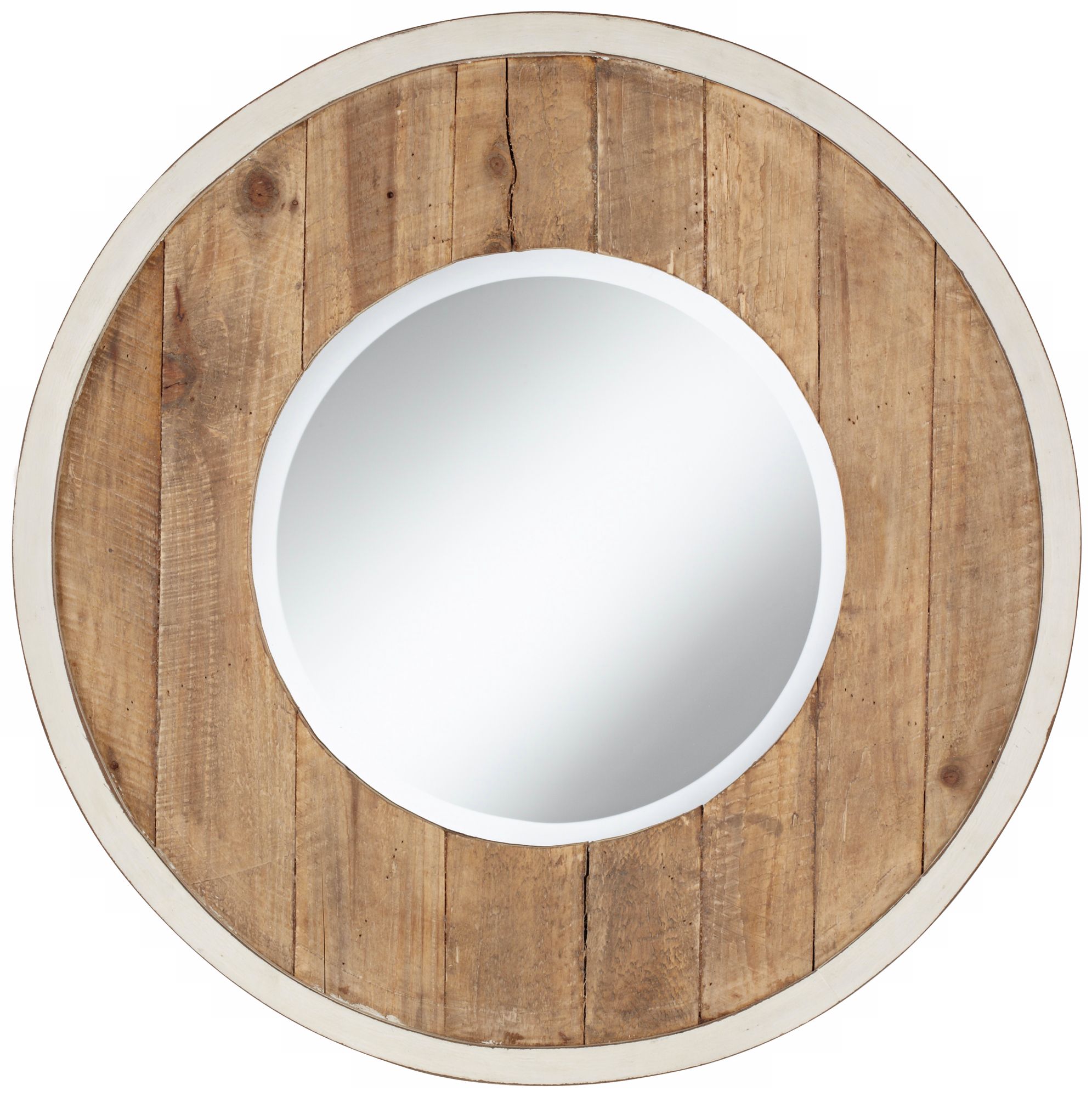 Distressed White and Natural Wood 30" Round Wall Mirror