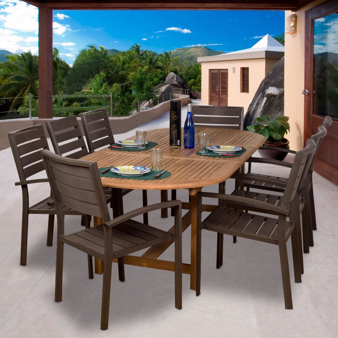Amazonia 9-Piece Teak/Faux Wood Ancara Outdoor Dining Set