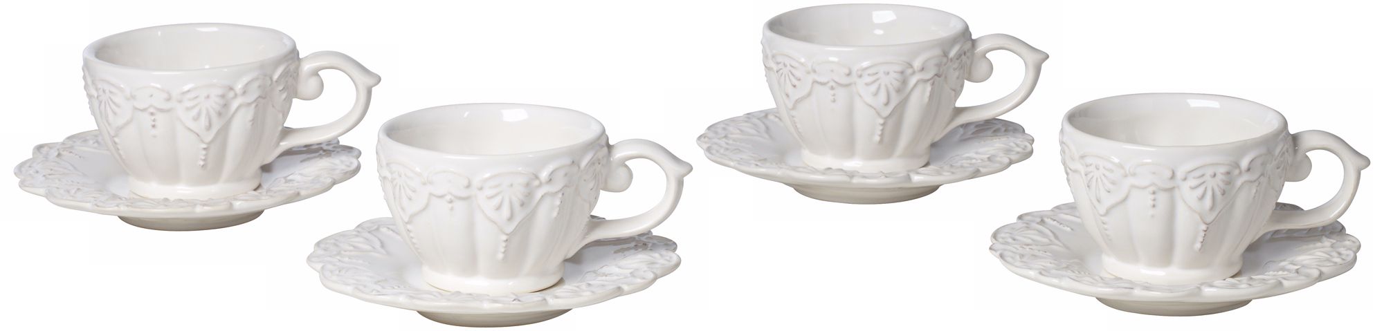 Set of 4 White Dolomite Tea Cups and Saucers