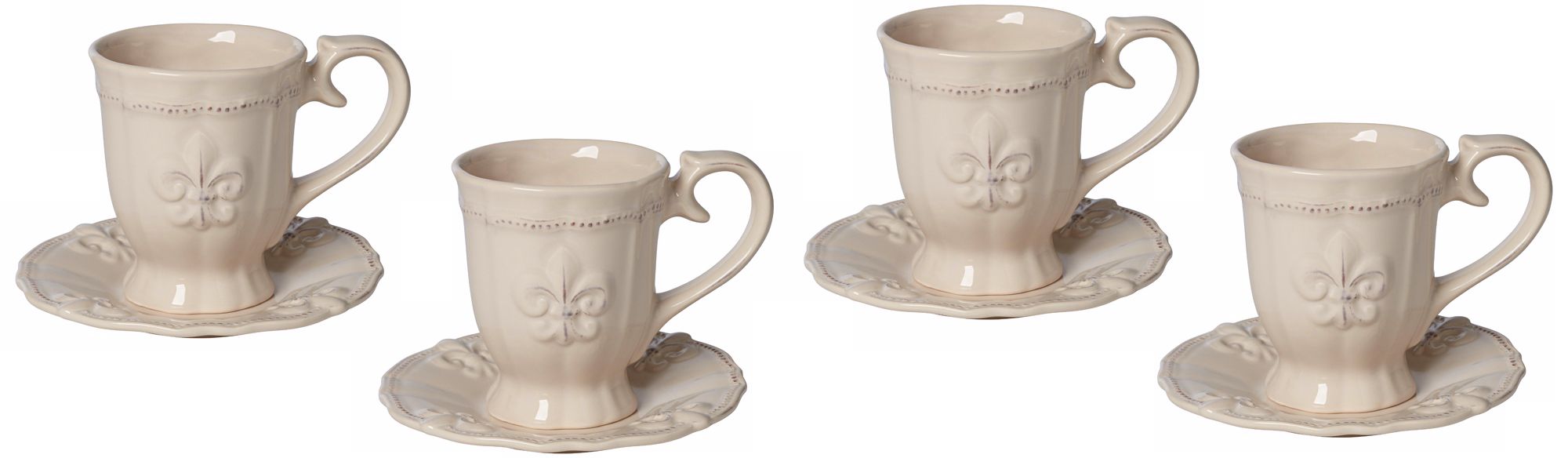 Set of 4 Ivory Fleur-de-Lis Tea Cups and Saucers