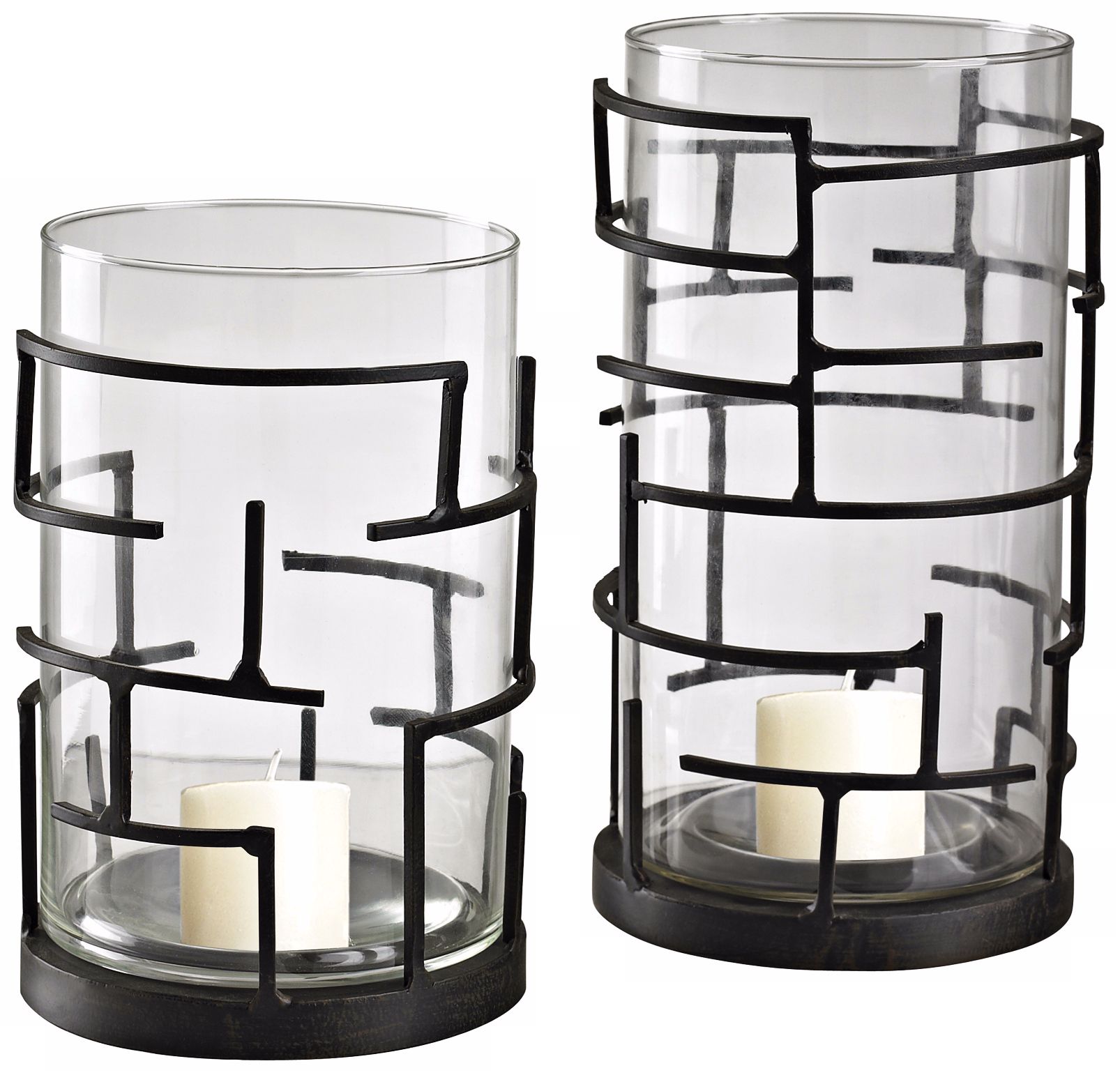 Set of 2 Glass and Iron Hurricane Lanterns