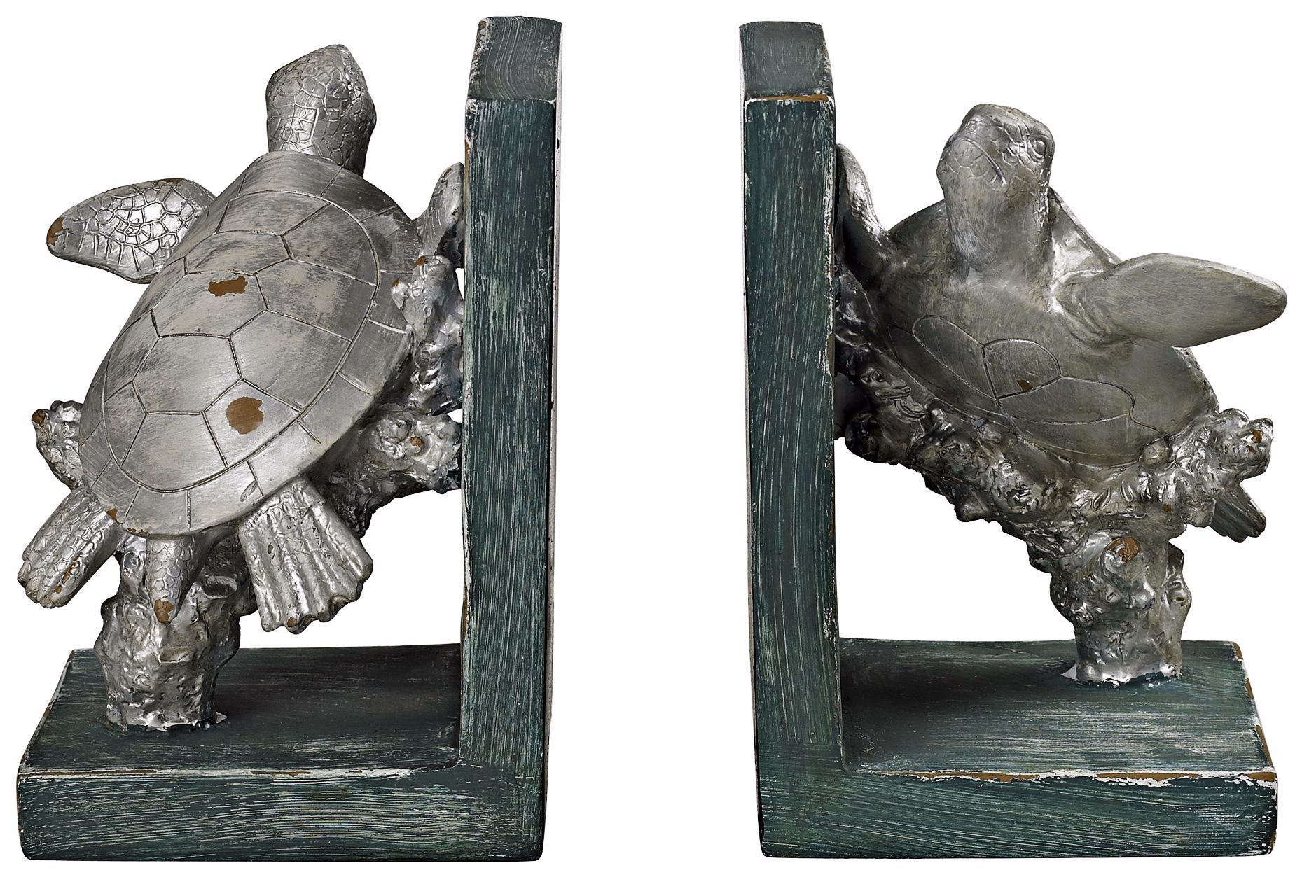 Set of 2 Swimming Turtle Silver Bookends