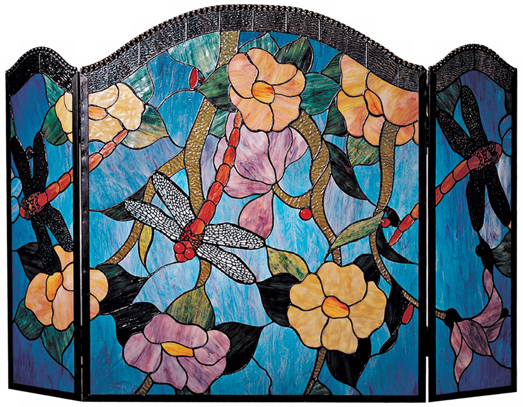 Blue Dragonfly Glass Folding Fireplace Screen