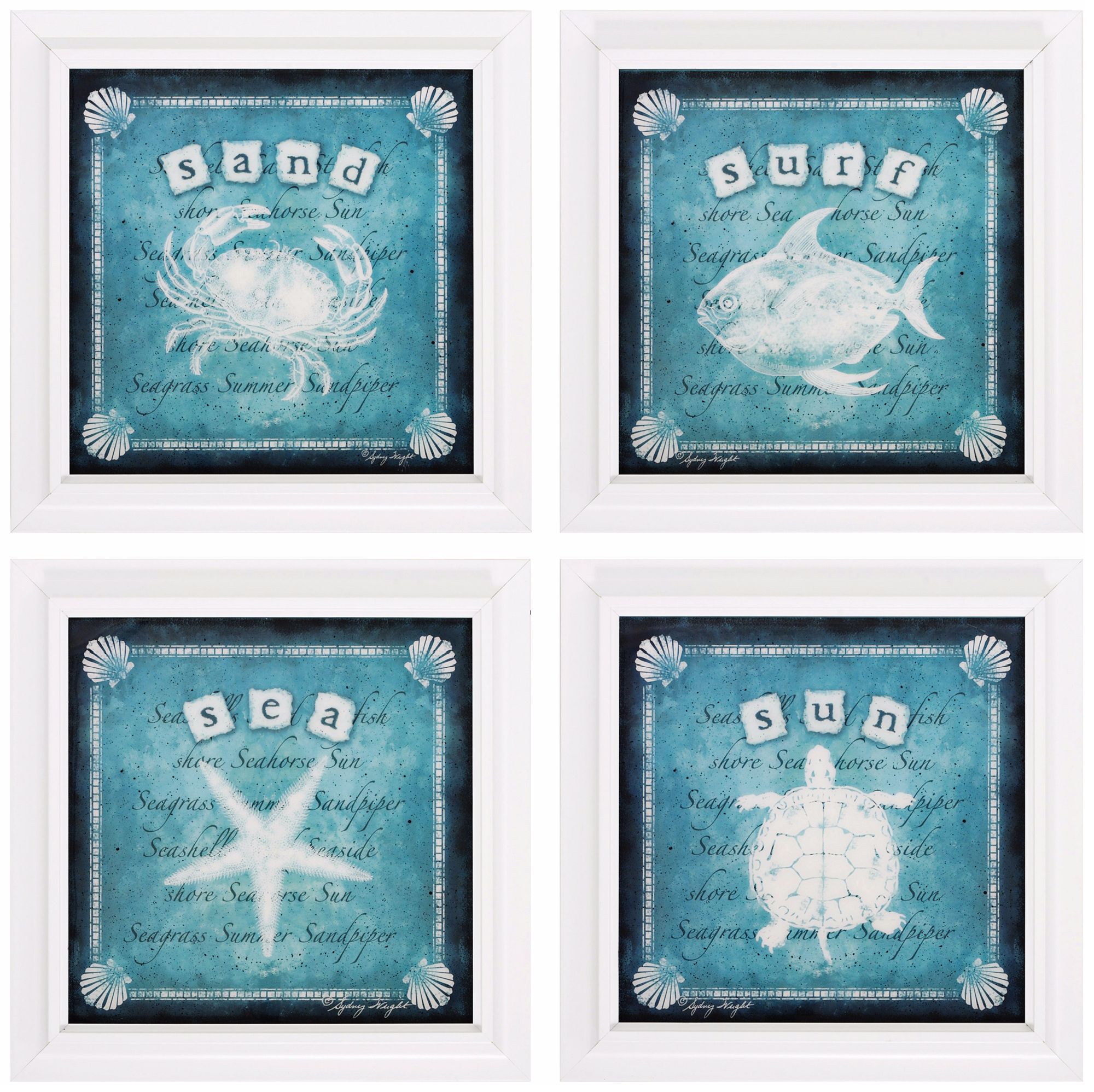 Set of 4 Sand/Surf/Sea/Sun 15" Square Coastal Wall Art