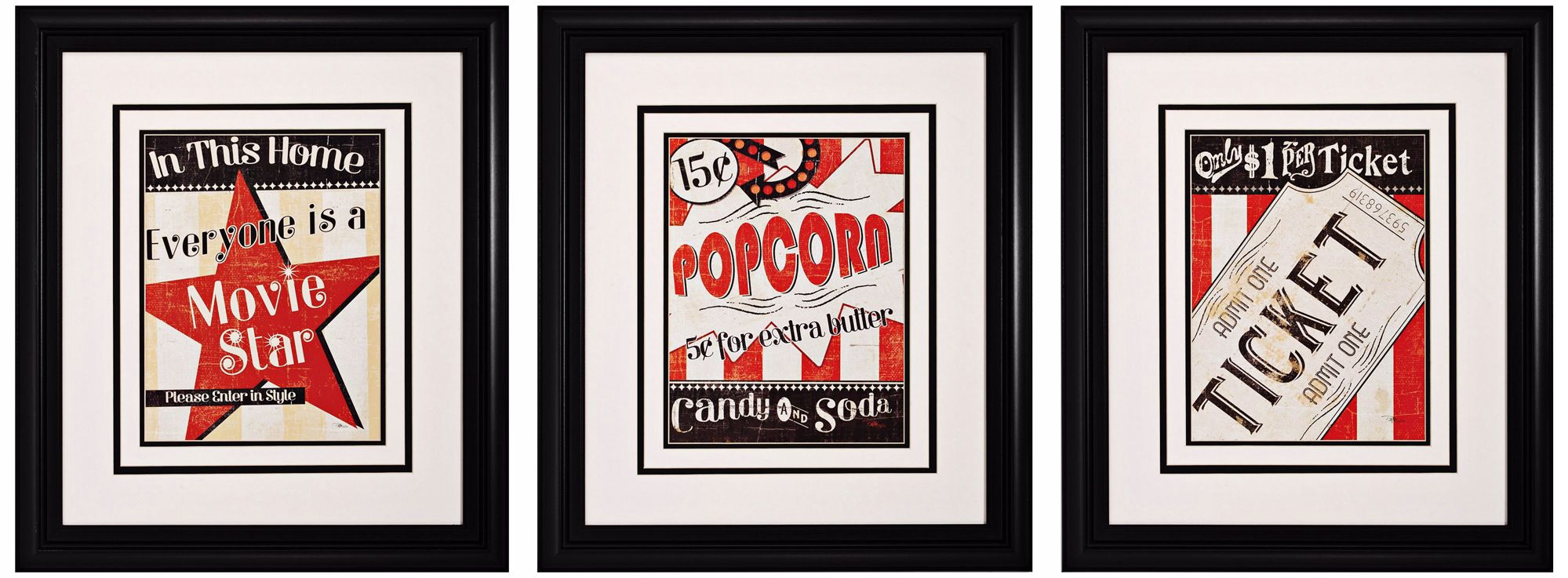 Set of 3 Popcorn/Ticket/Star 25" High Movie Wall Art