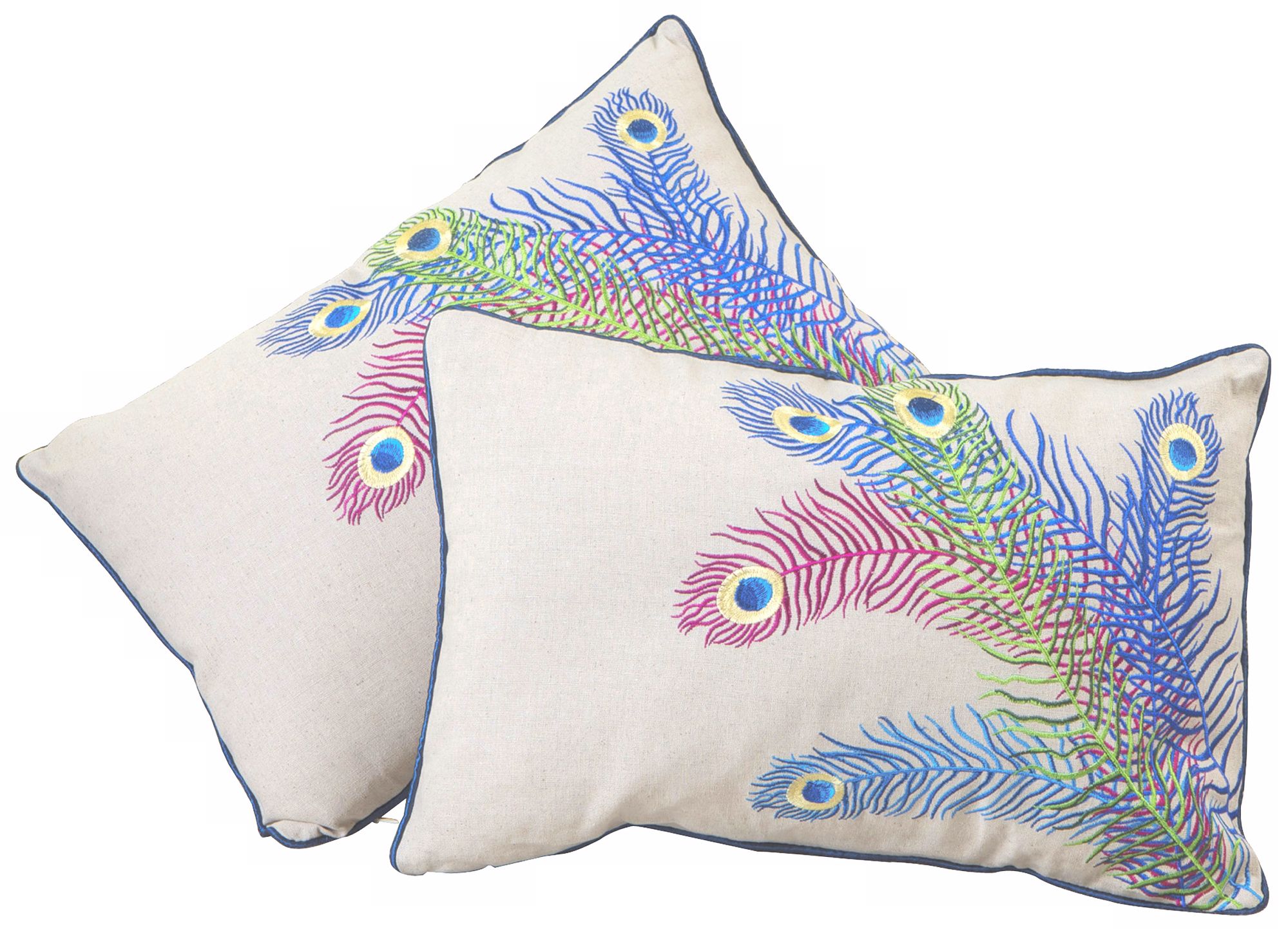 Set of 2 Embroidered Peacock Feathers 12x18 Throw Pillows
