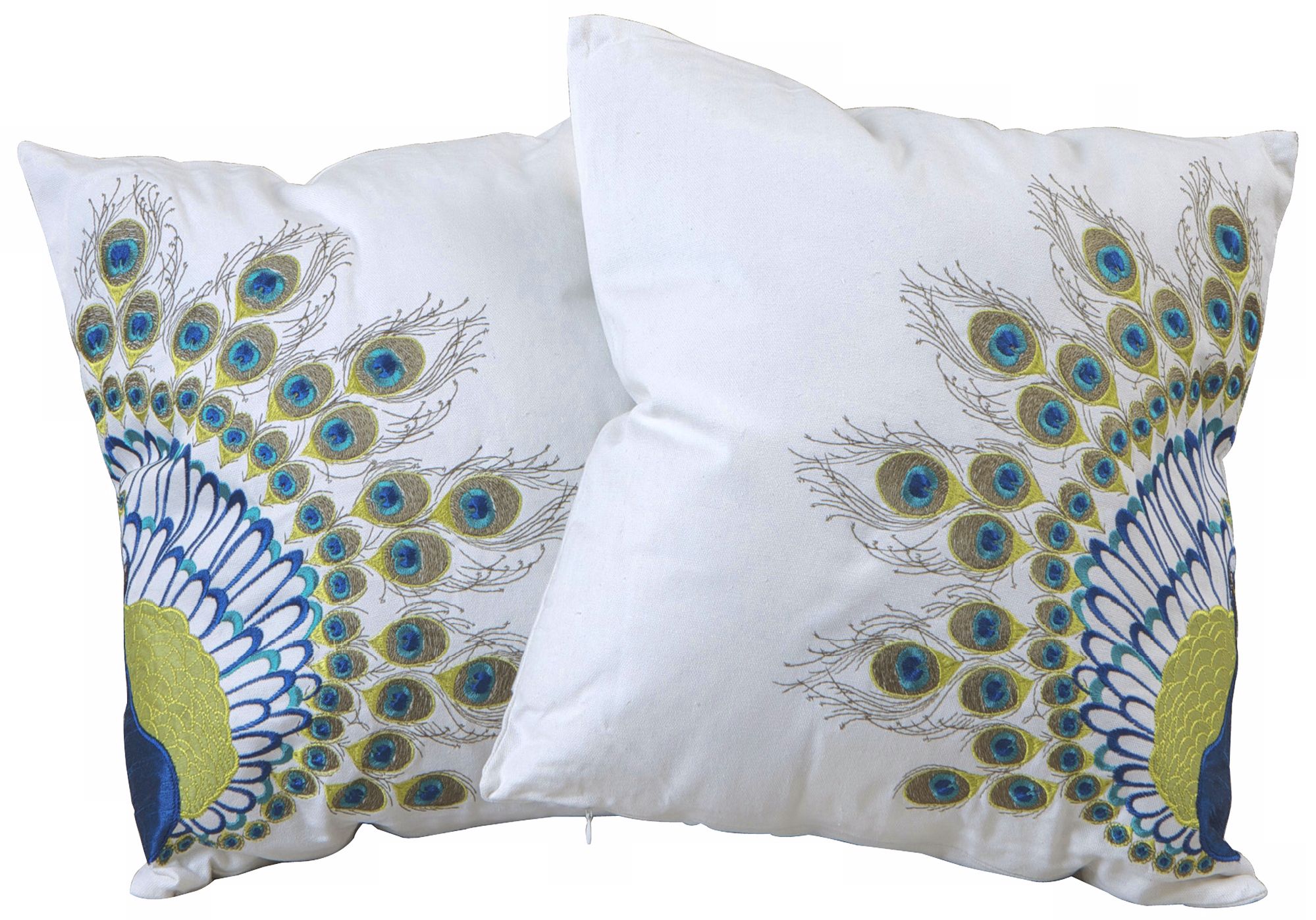 Set of 2 Peafowl Tail 18" Embroidered Throw Pillows