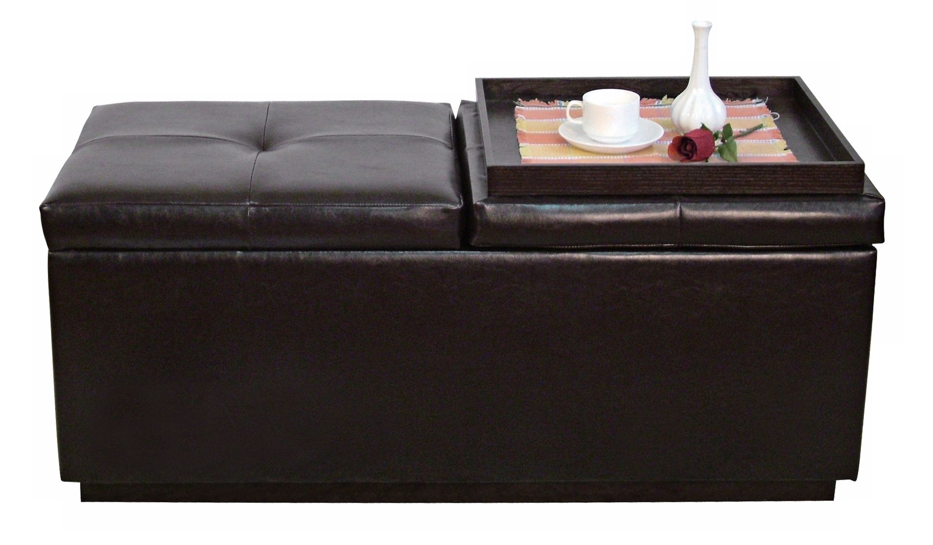 Cornelius Espresso Bicast Leather Ottoman with Wood Trays