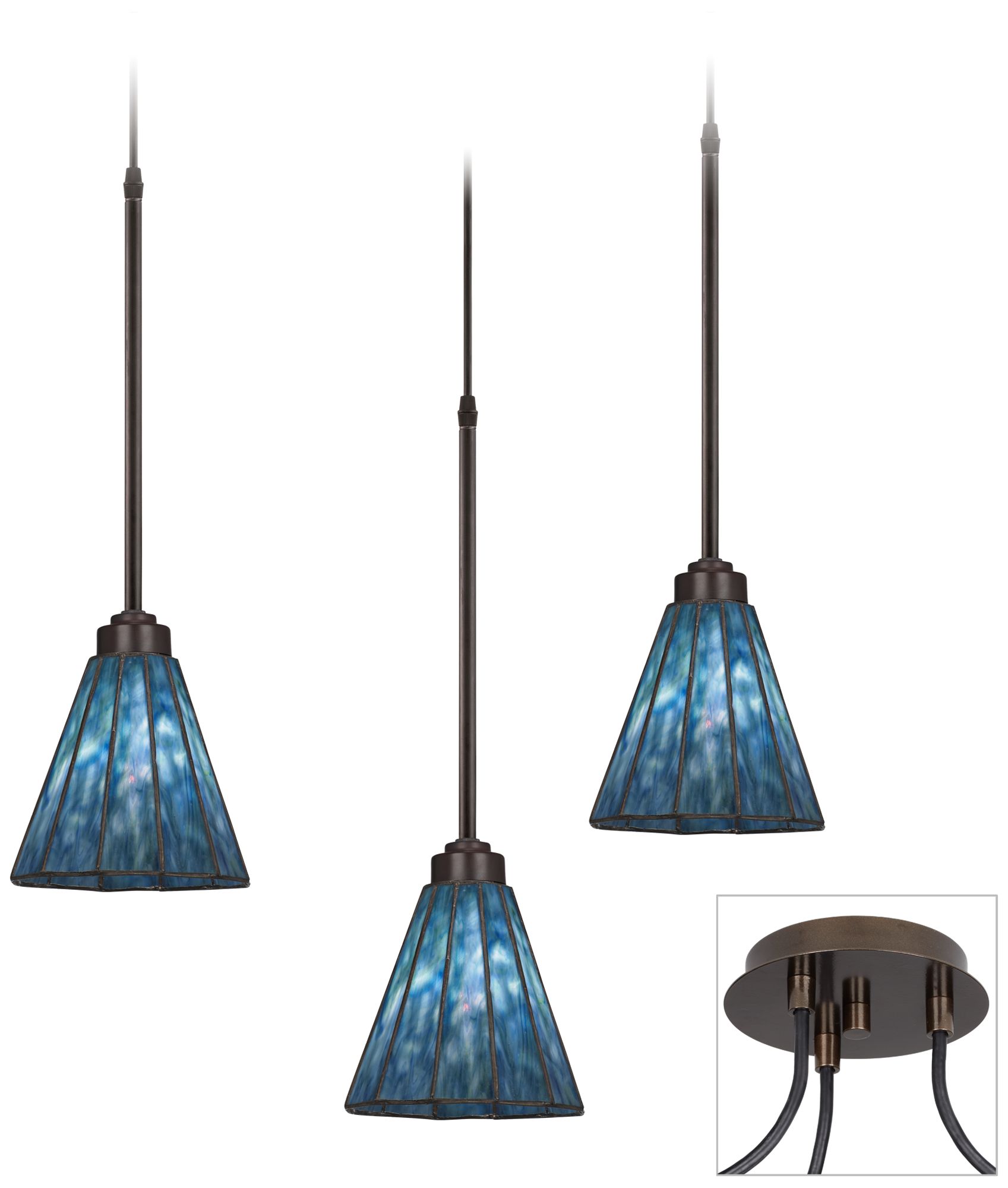 Blue Glass Tiger Bronze Triple Swag Chandelier