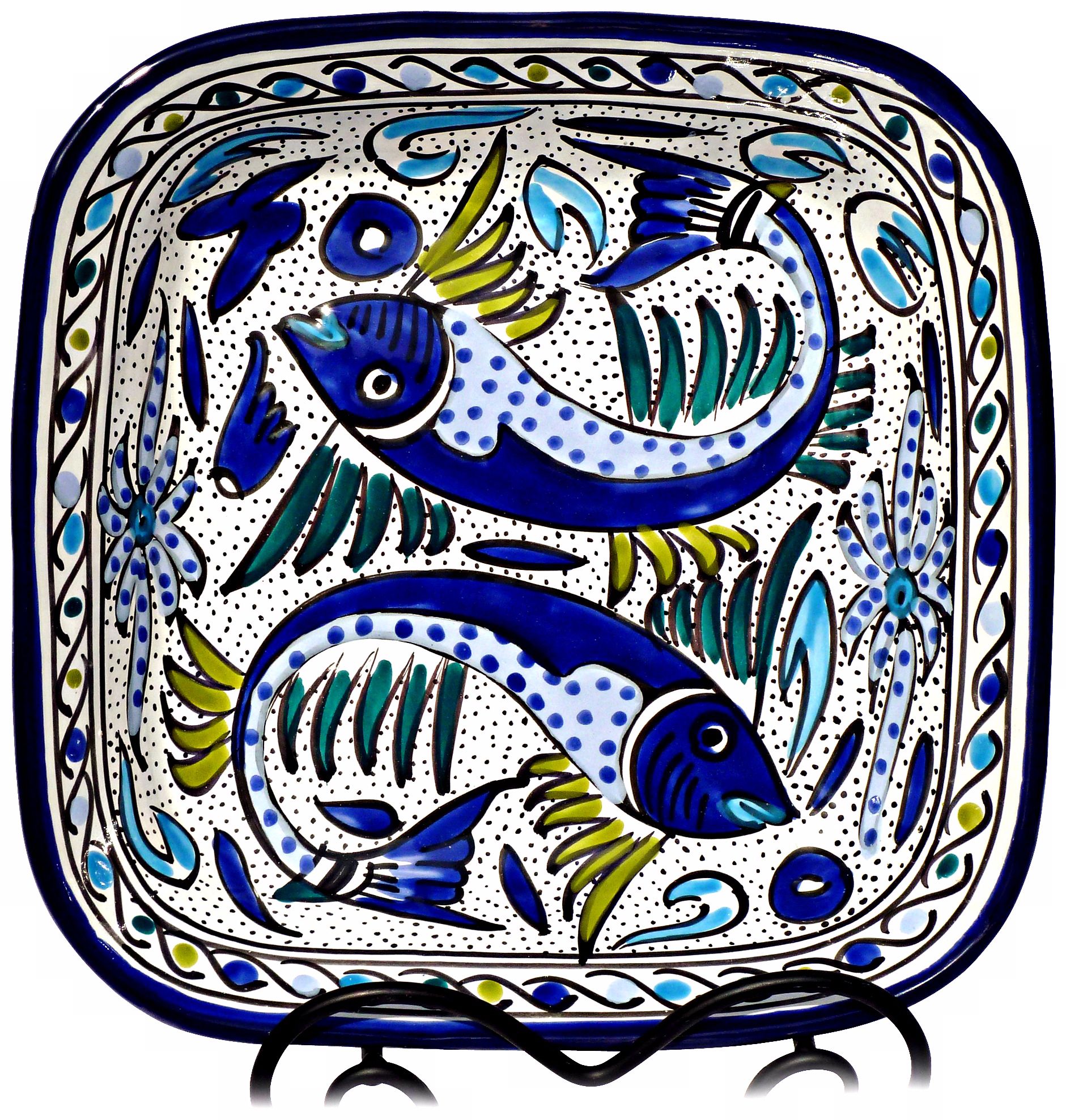 Le Souk Ceramique Aqua Fish Design Square Serving Bowl