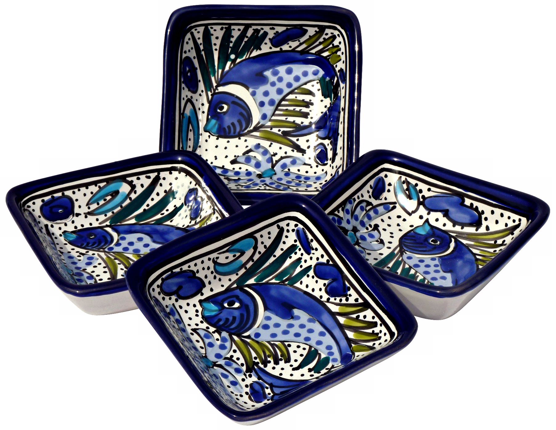 Le Souk Ceramique Aqua Fish Set of 4 Square Sauce Dishes
