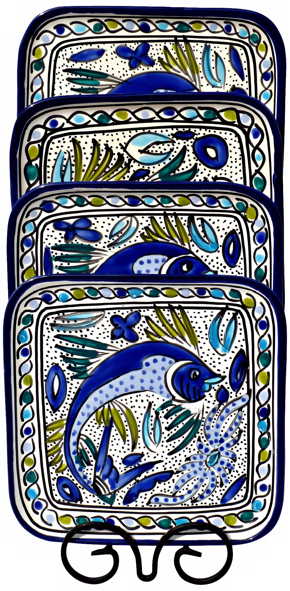 Le Souk Ceramique Aqua Fish Set of 4 Square Plates