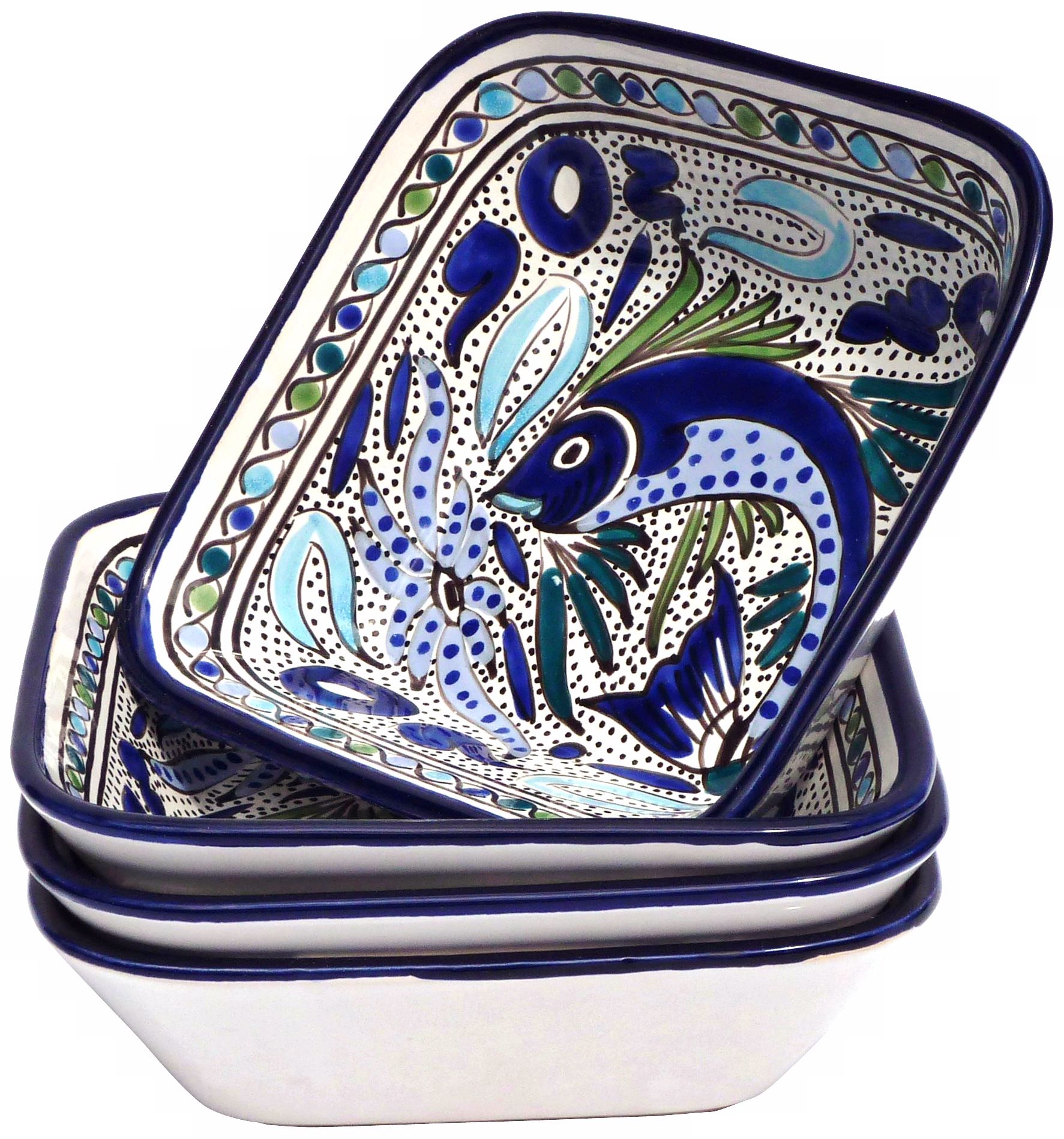 Le Souk Aqua Fish Set of 4 Square Pasta/Salad Bowls