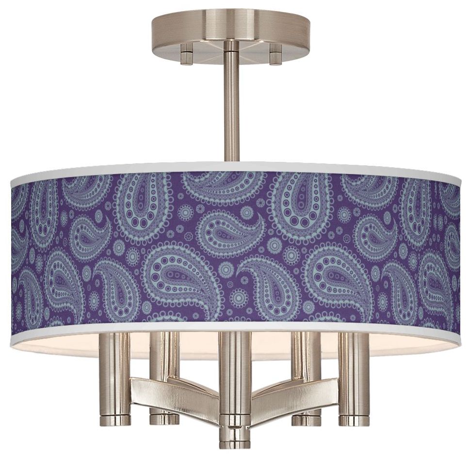 Purple Paisley Linen Ava 5-Light Nickel Ceiling Light